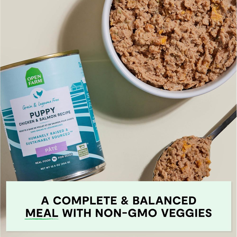 Open Farm puppy food vegetables including sweet potatoes carrots spinach create balanced nutrition.