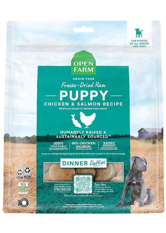 Open Farm puppy patties pack shot highlighting high-protein freeze-dried nutrition