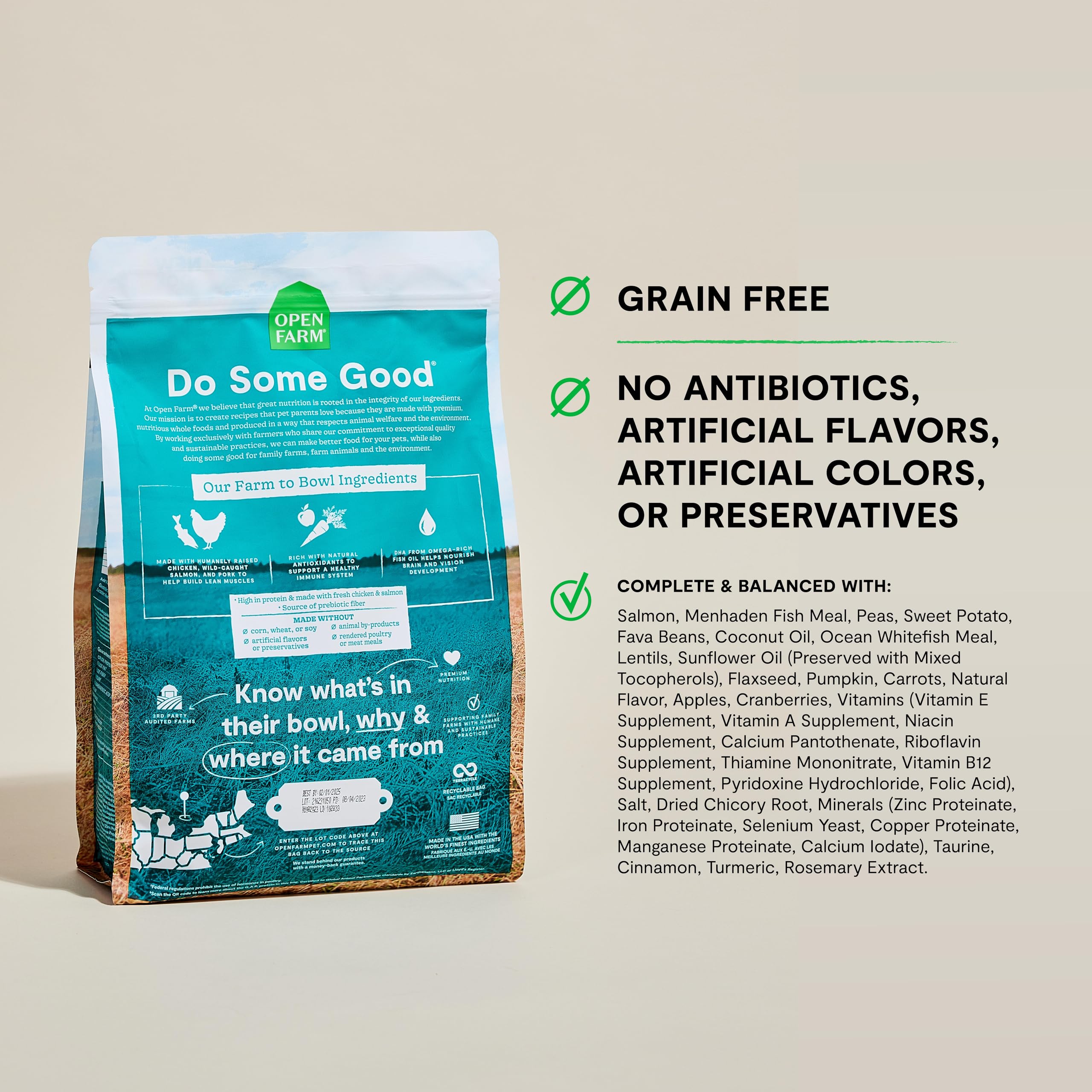 Open Farm salmon-first ingredient close-up emphasizes high-quality protein for puppy development