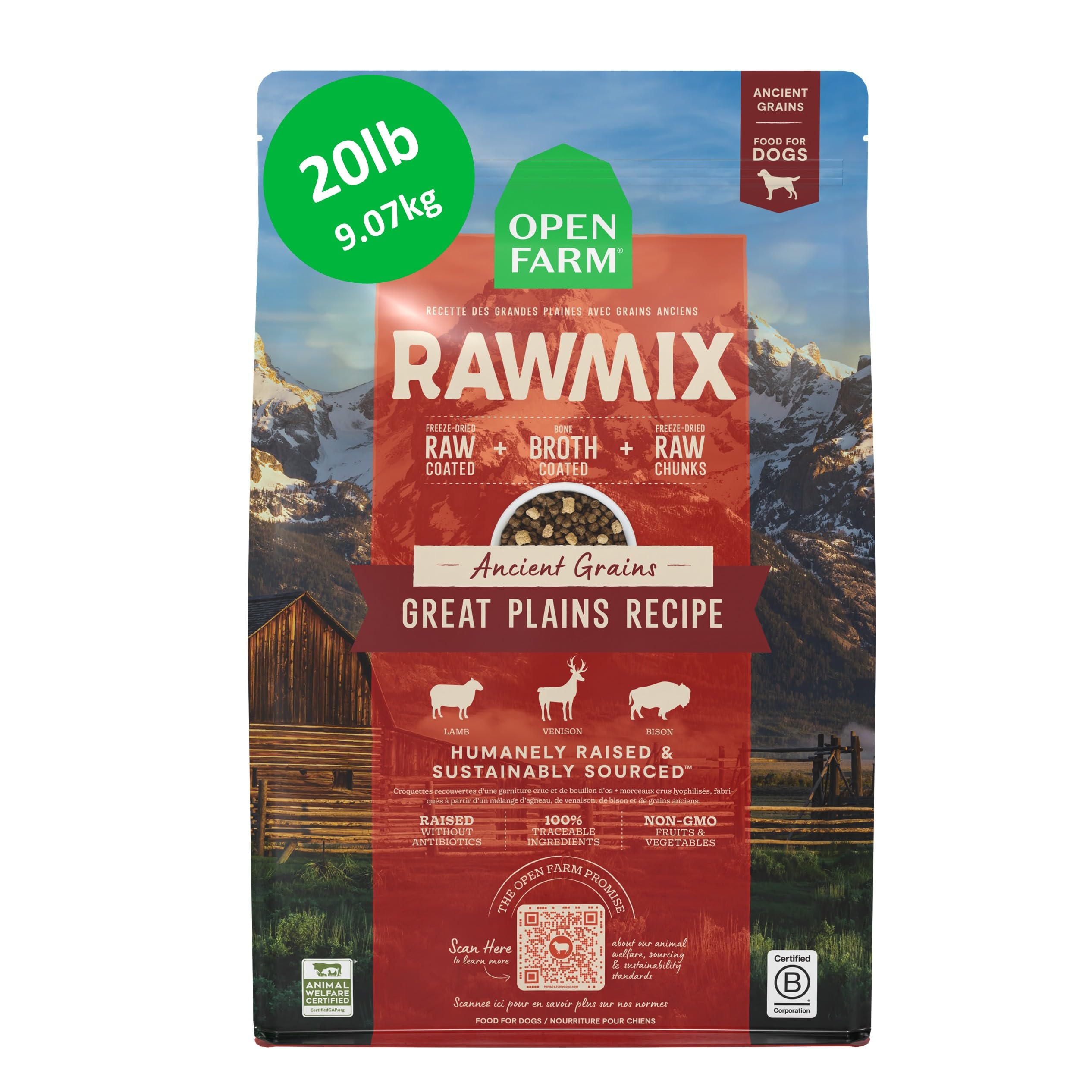 Open Farm RawMix Ancient Grains Great Plains kibble close-up in a bowl, delivering high-protein flavor for active dogs