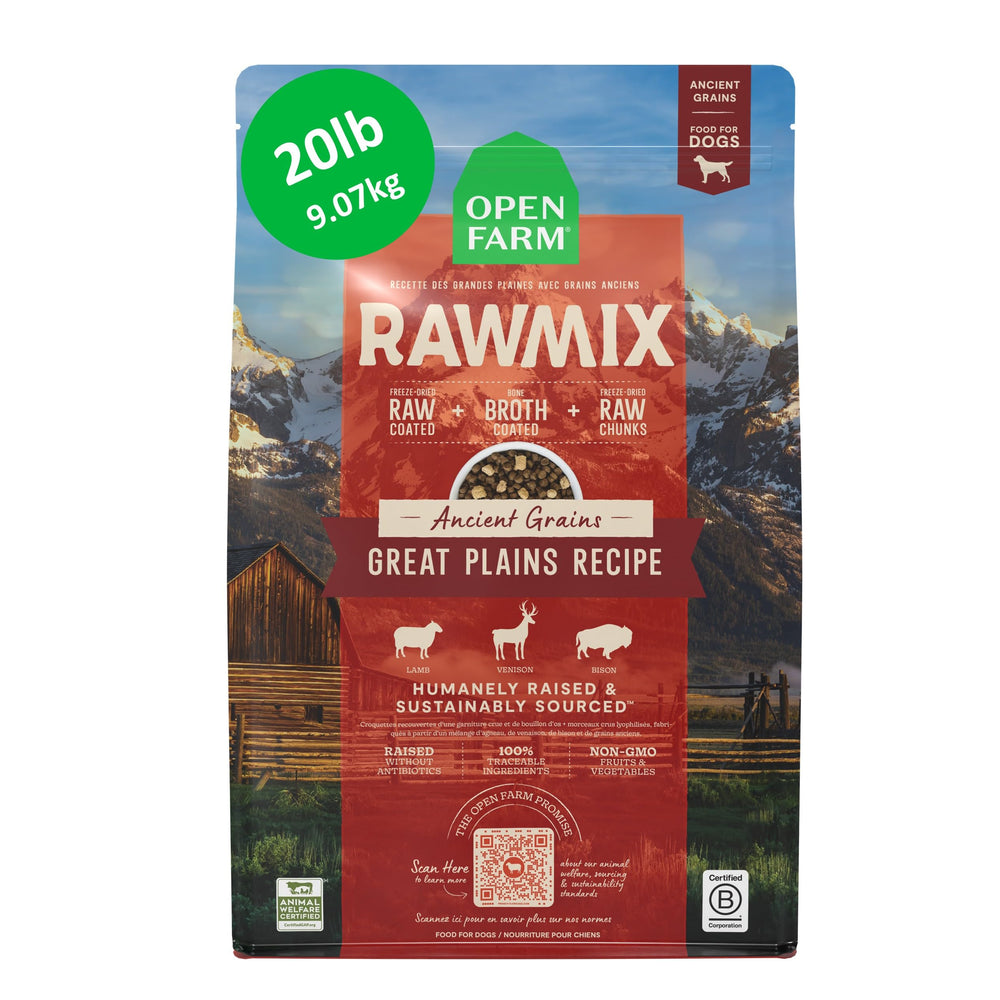 Open Farm RawMix Ancient Grains Great Plains kibble close-up in a bowl, delivering high-protein flavor for active dogs