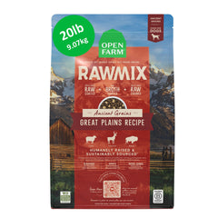Open Farm RawMix Ancient Grains Great Plains kibble close-up in a bowl, delivering high-protein flavor for active dogs