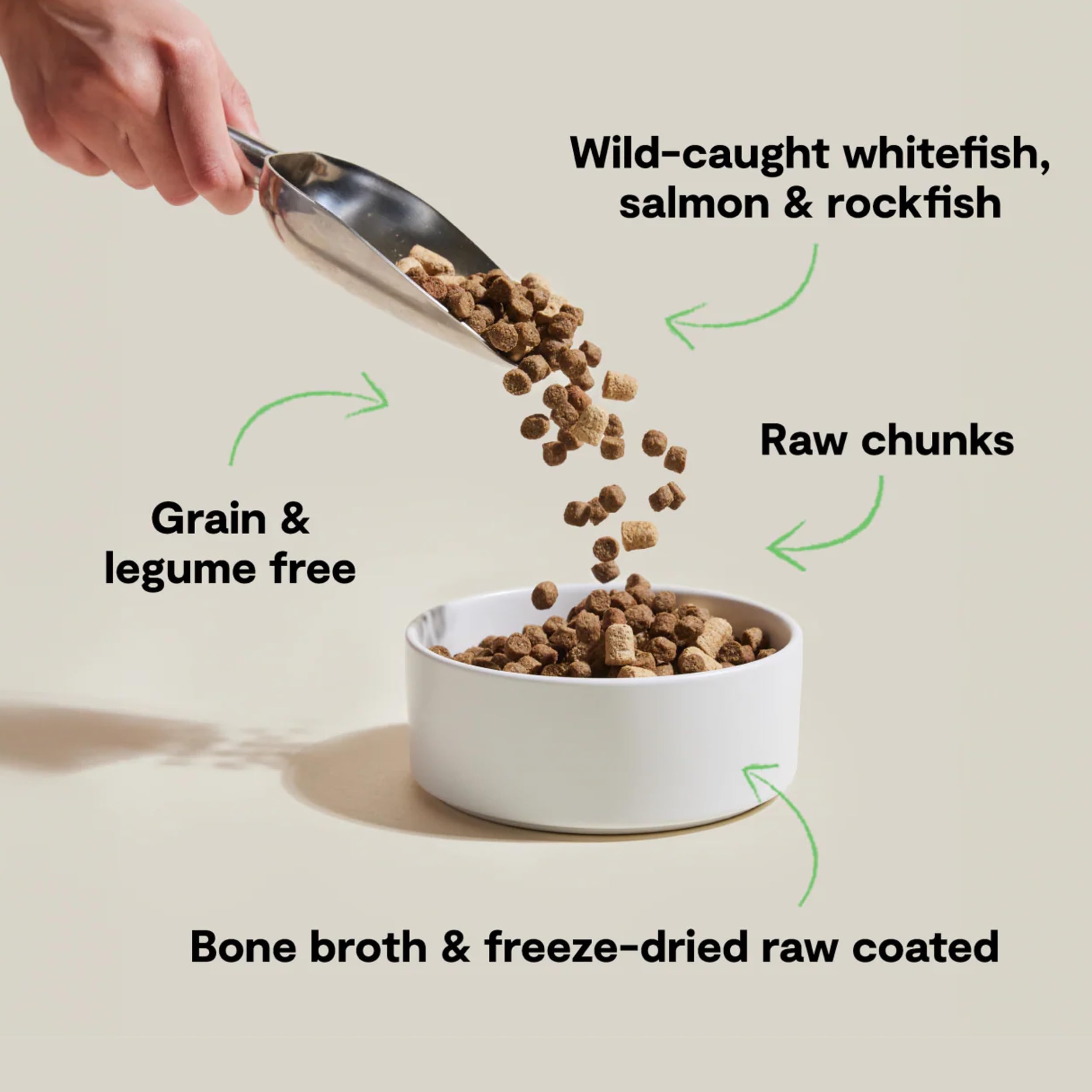 Open Farm rawmix bone broth coated kibble close-up highlighting savory coating.