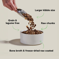 Open Farm RawMix bone broth-coated kibble close-up for enhanced palatability.