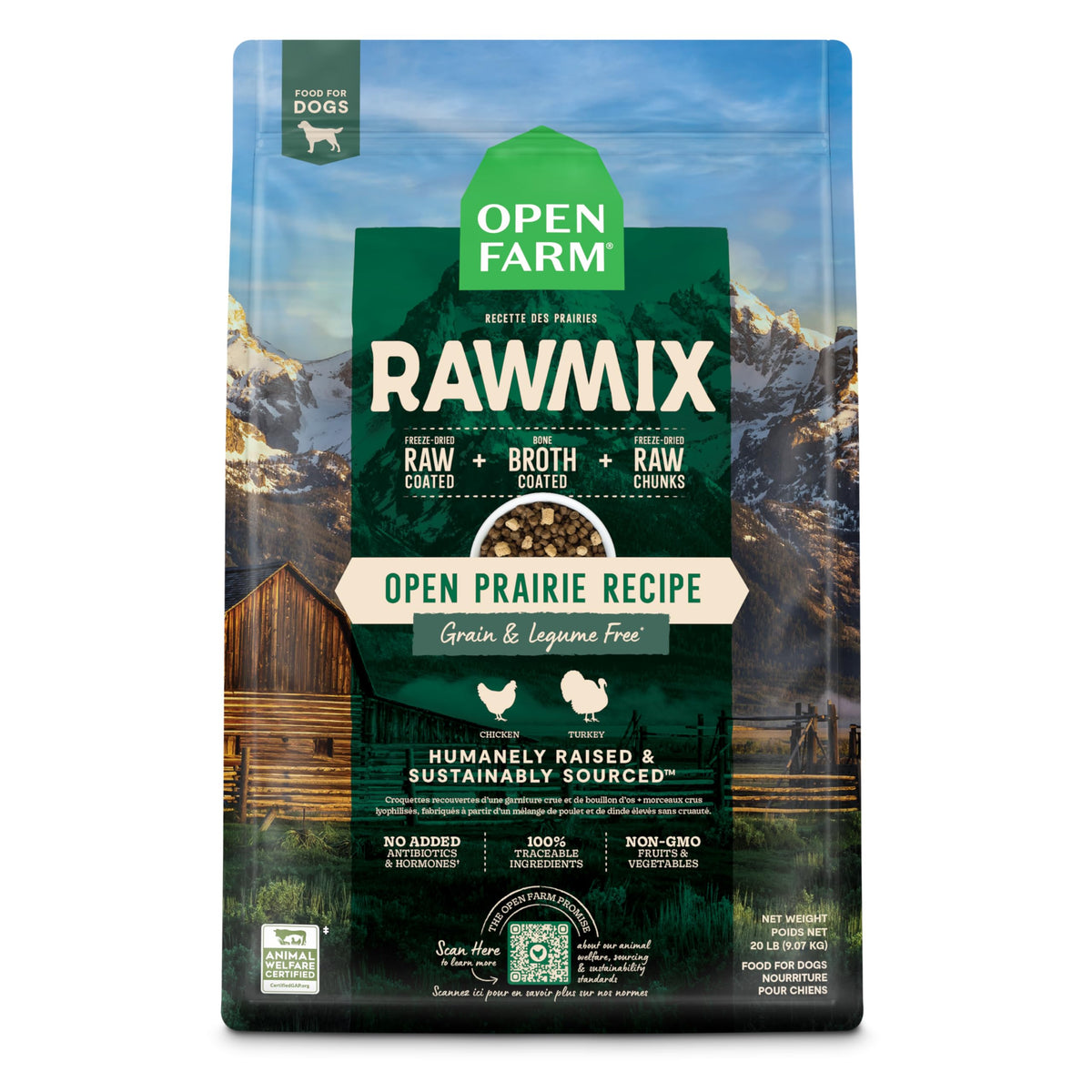 Open Farm RawMix chicken and turkey bag front view showing grain-free formula