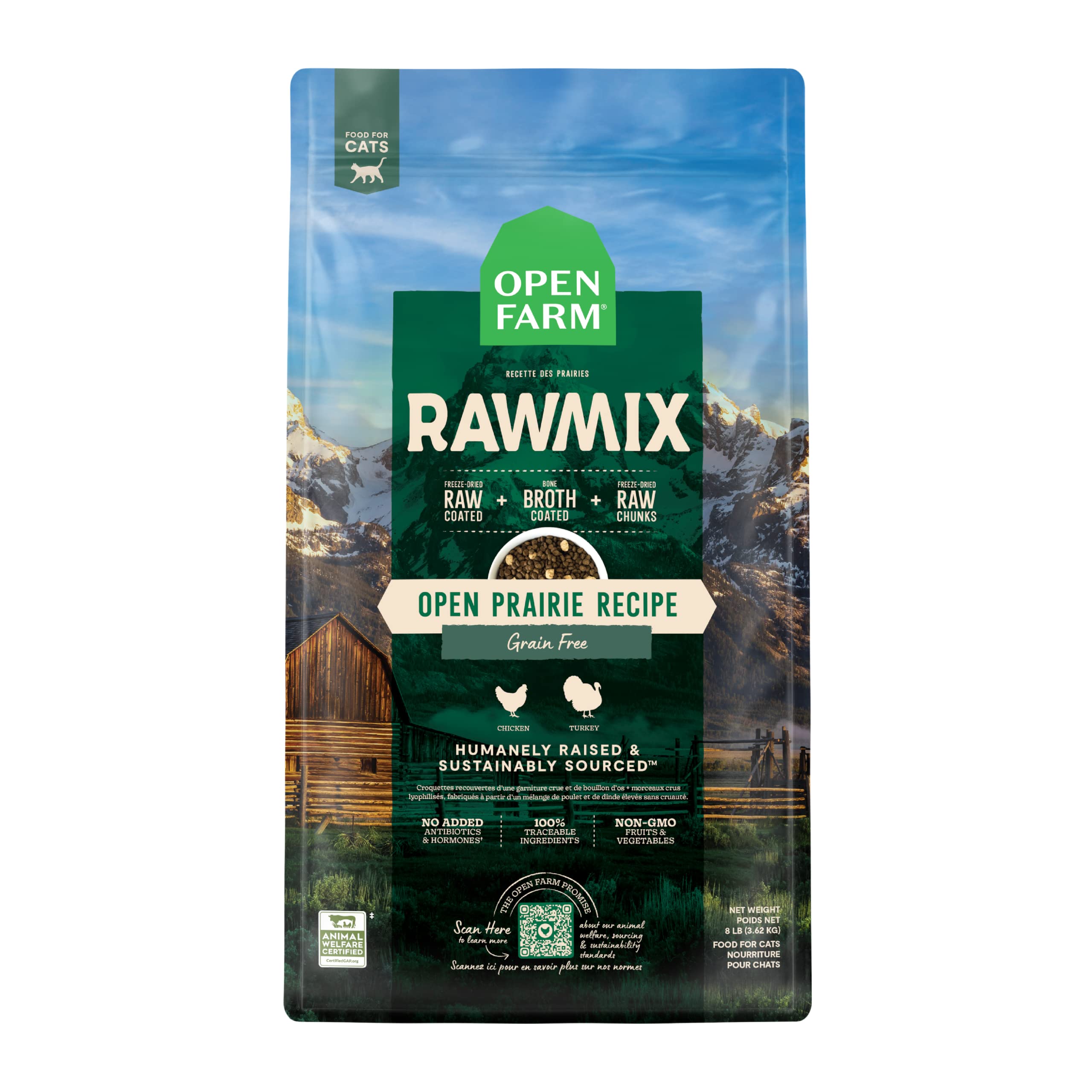 Open Farm RawMix Dry Cat Food bag front, grain-free recipe for cats