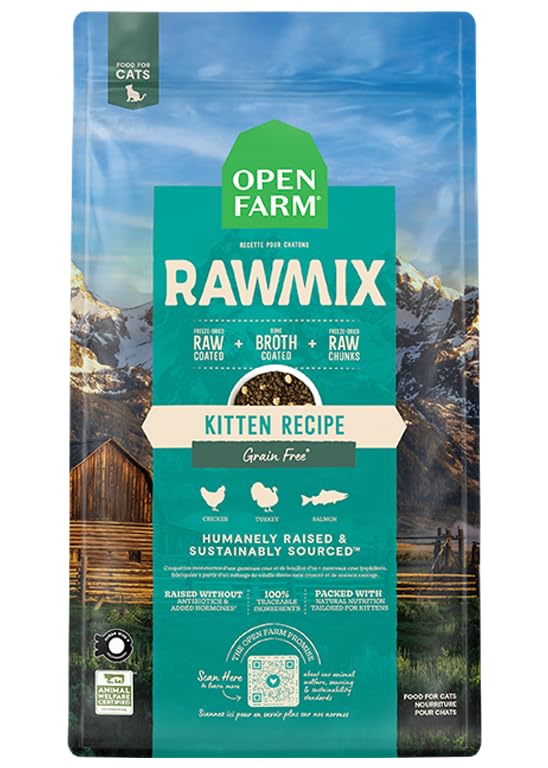 Open Farm RawMix Dry Cat Food kibble with bone broth coating boosts flavor and palatability for kittens