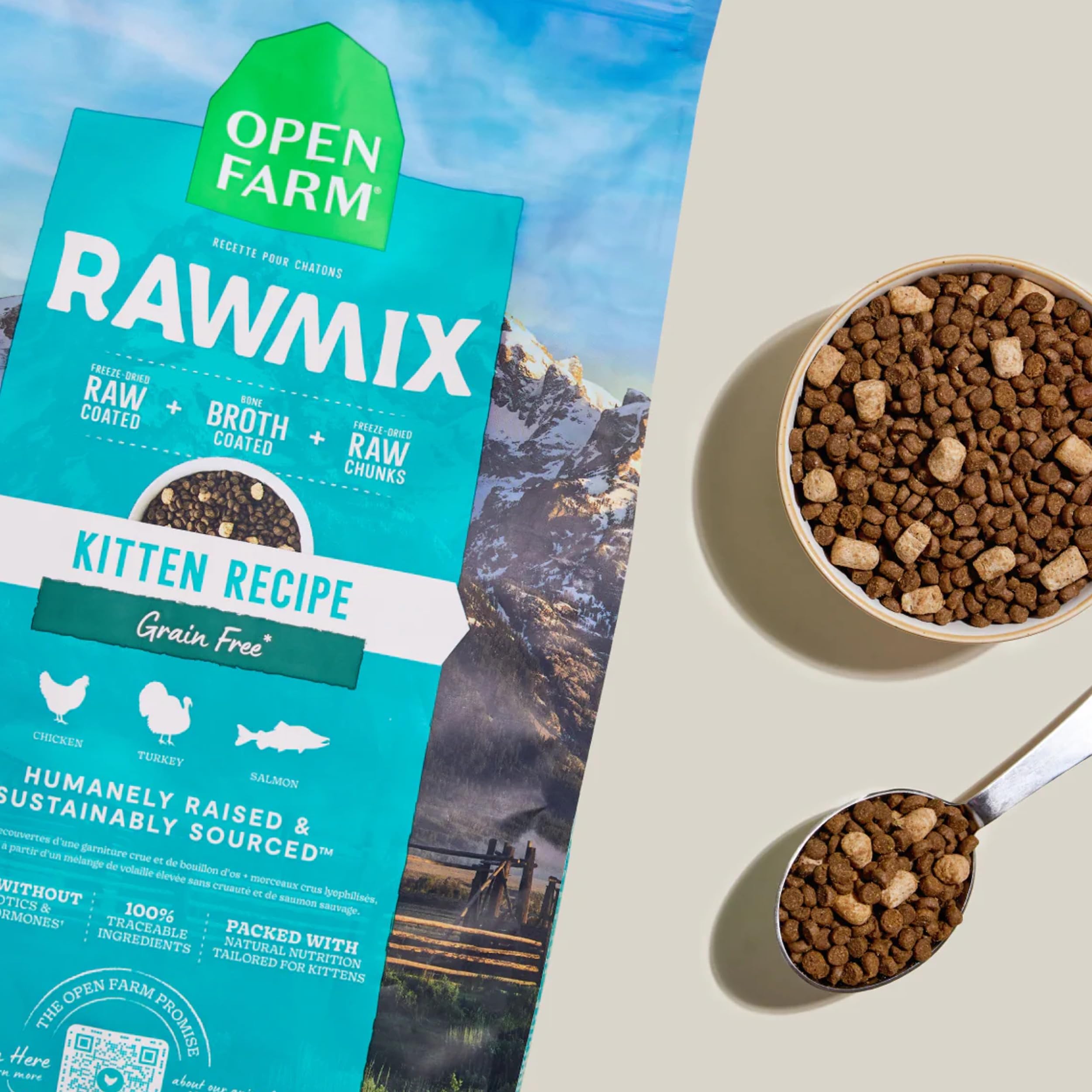 Open Farm RawMix kitten serving image shows a complete daily diet for felines