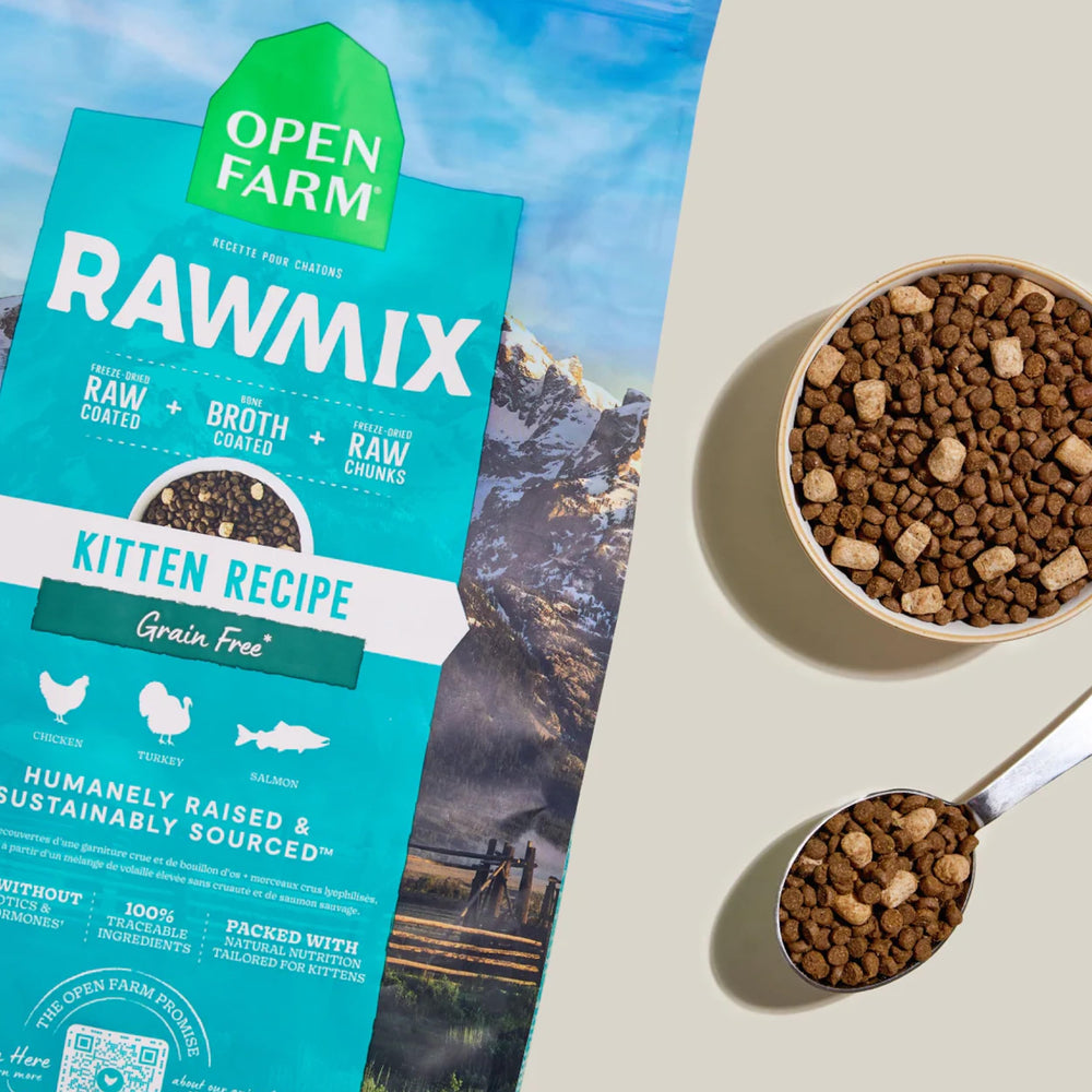 Open Farm RawMix kitten serving image shows a complete daily diet for felines
