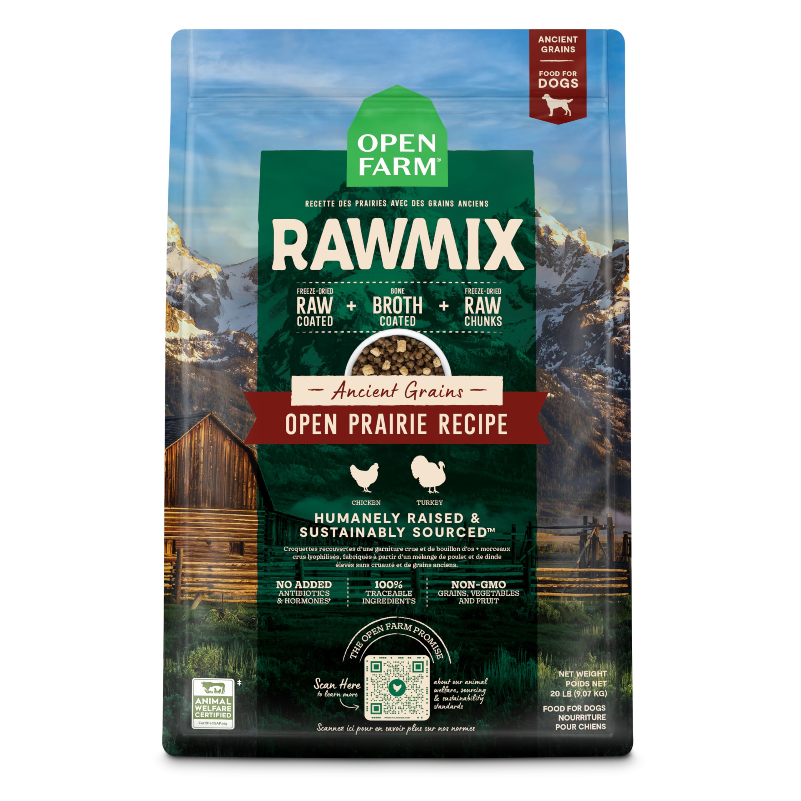 Open Farm RawMix dry dog food bowl close-up showing bone broth coating for palatability