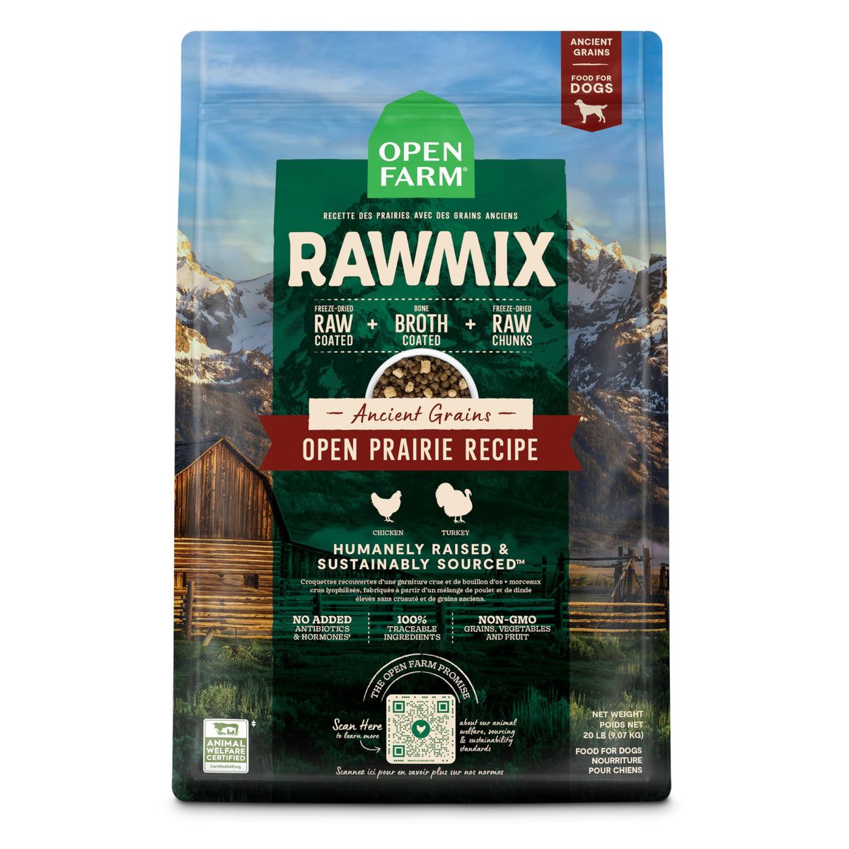 Open Farm RawMix dry dog food bowl close-up showing bone broth coating for palatability