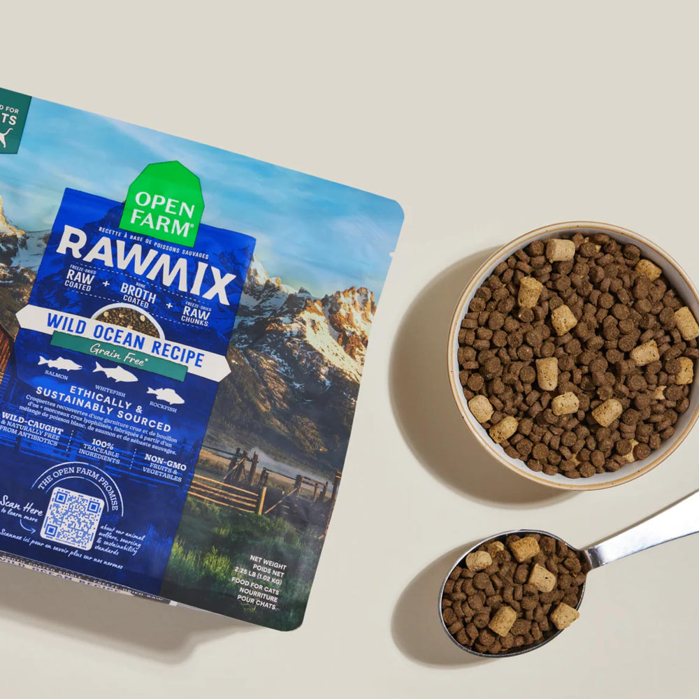 Open Farm RawMix freeze-dried chunks closeup reveals added raw texture.