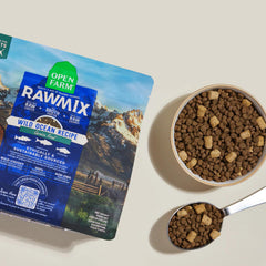 Open Farm RawMix freeze-dried chunks closeup reveals added raw texture.