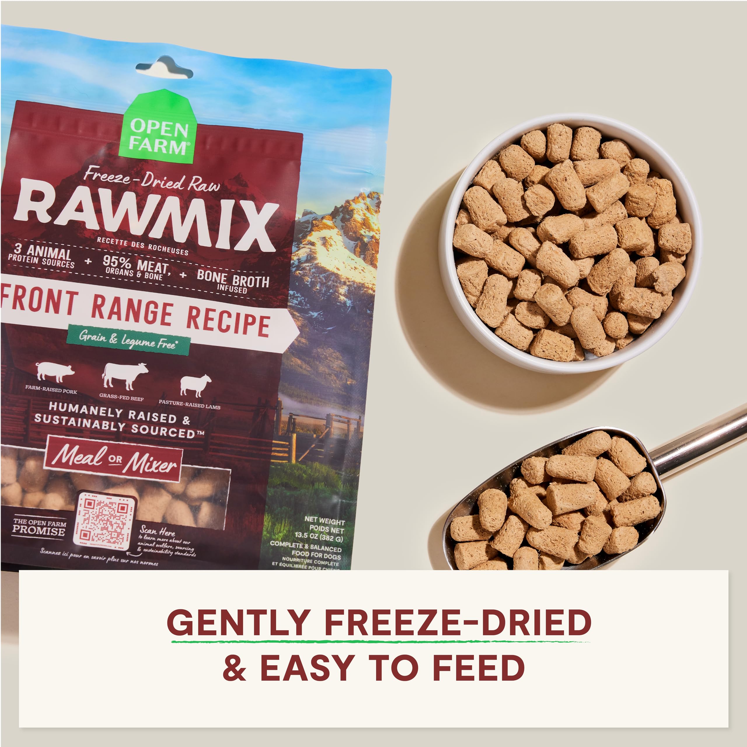Open Farm RawMix ingredients close-up with beef, pork, and lamb