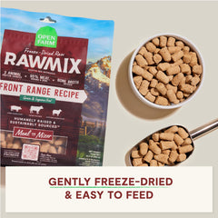 Open Farm RawMix ingredients close-up with beef, pork, and lamb
