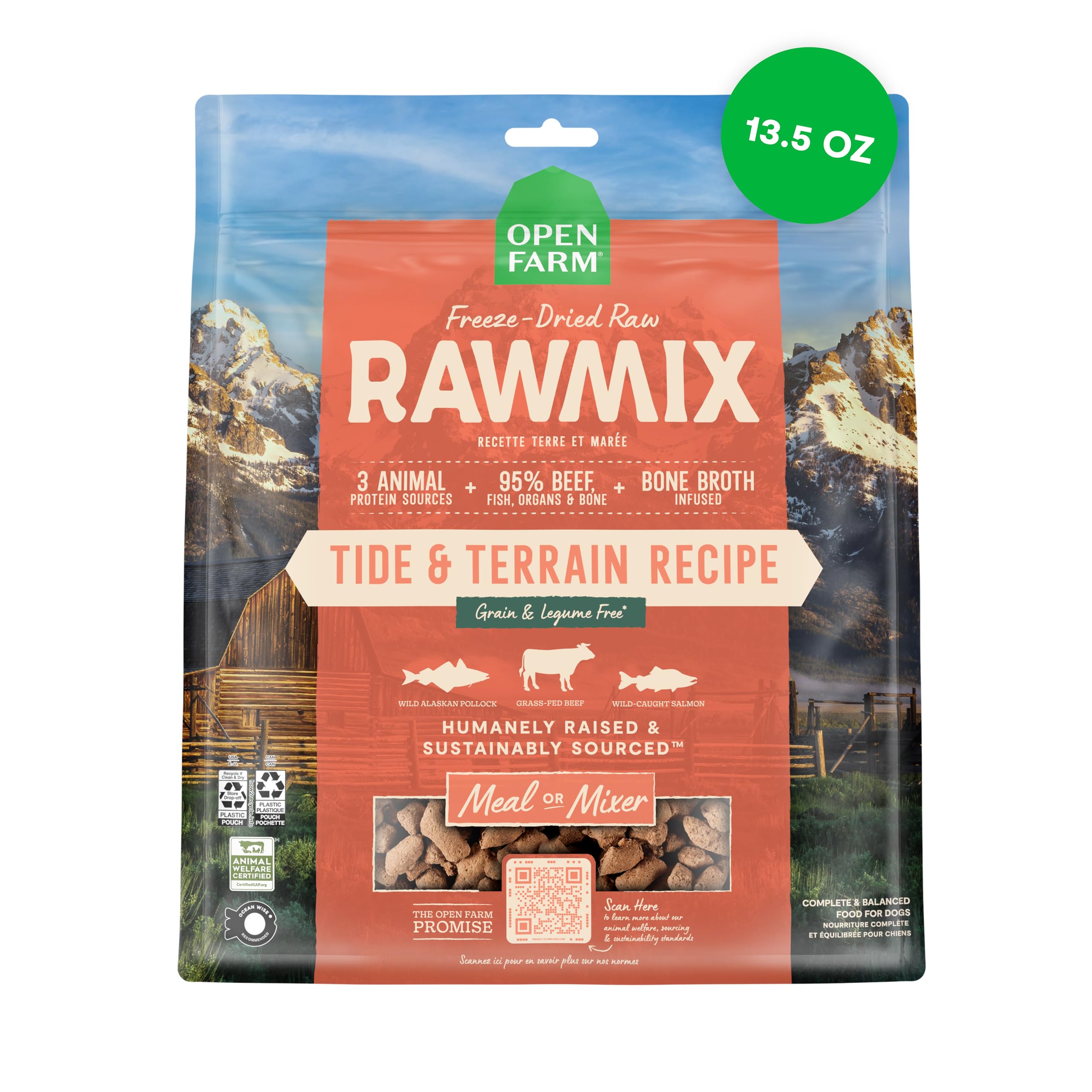 Open Farm RawMix freeze-dried morsels packaging highlights pure meat blend for easy topping