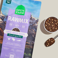 Open Farm RawMix freeze-dried raw chunks mixed with kibble for texture.