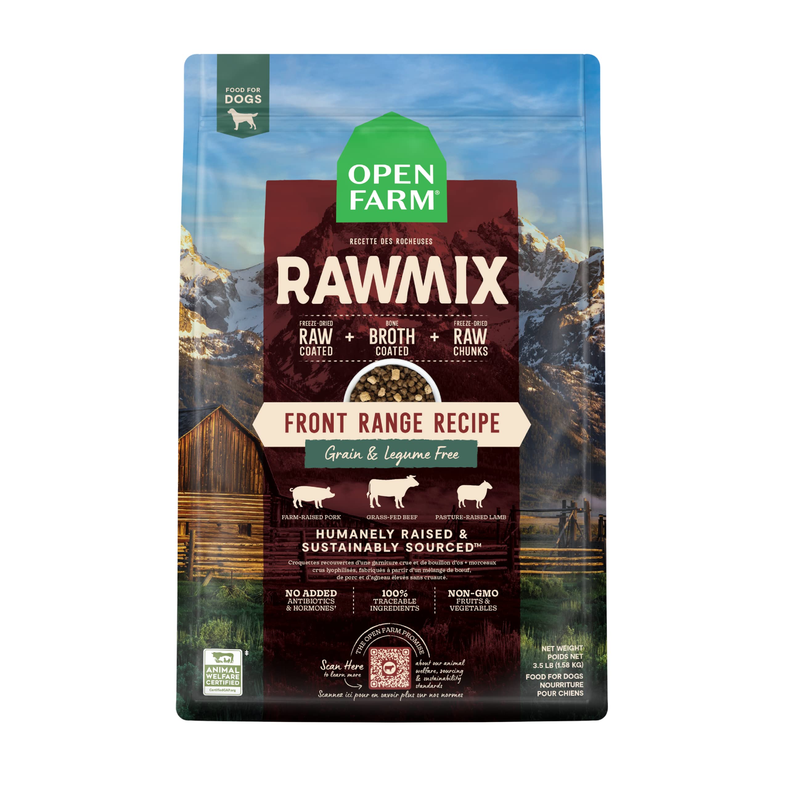 Open Farm RawMix Front Range bag showing grain-free, protein-forward nutrition.