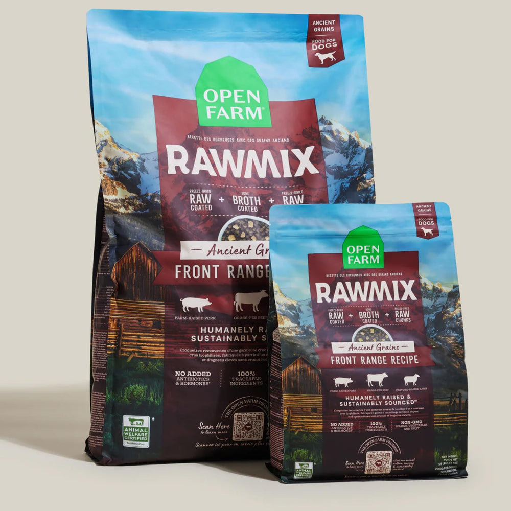 Open Farm RawMix grain-free formula with no grains or legumes.