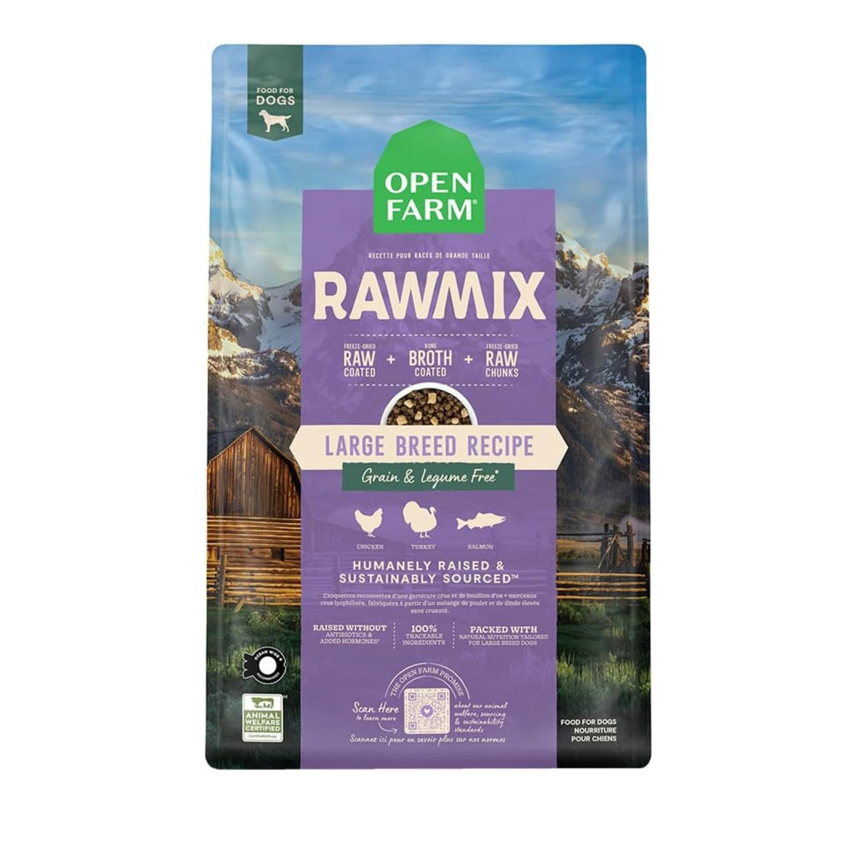 Open Farm RawMix large-breed kibble in bowl, grain-free formula for energy.