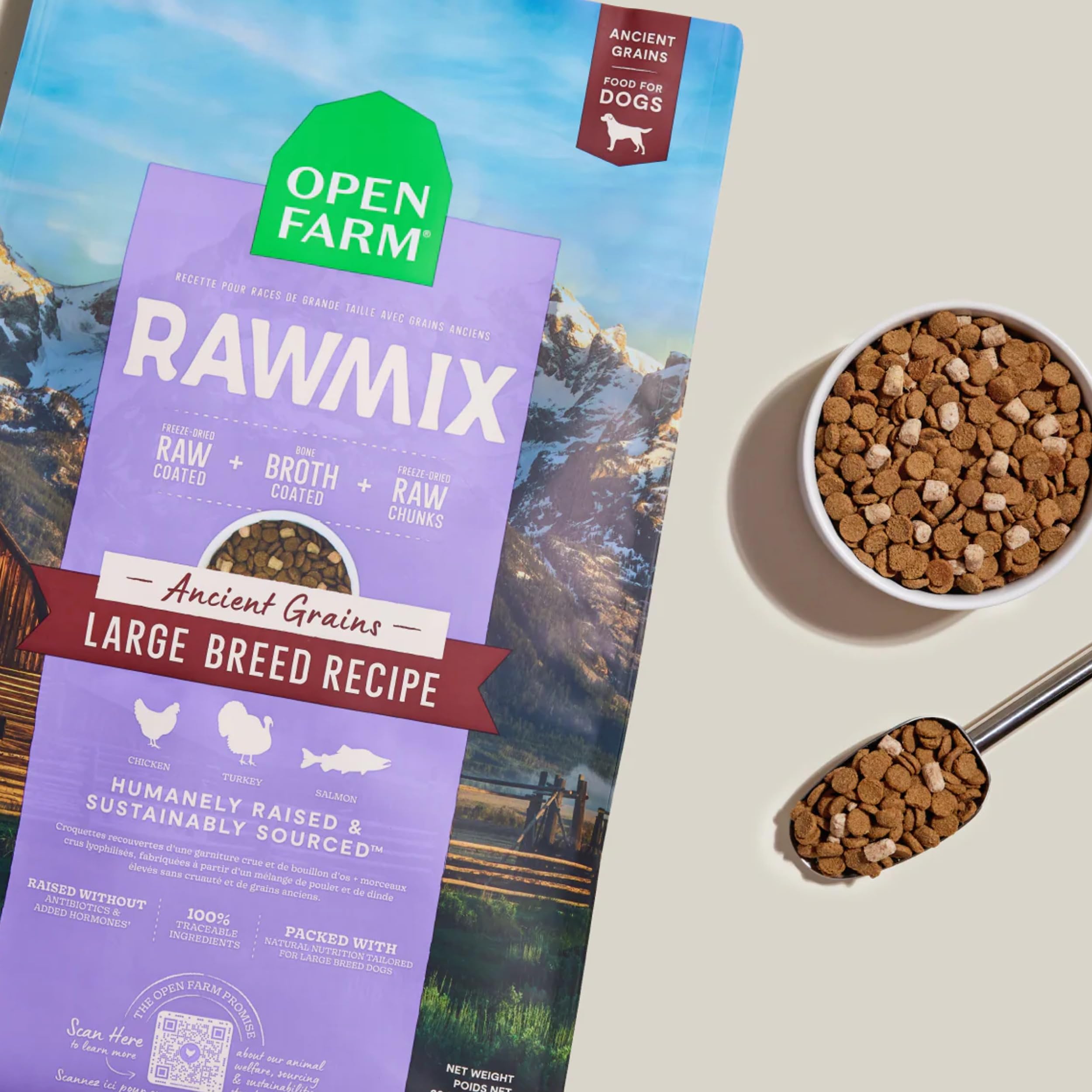 Open Farm RawMix large-breed kibble close-up designed for big dogs.