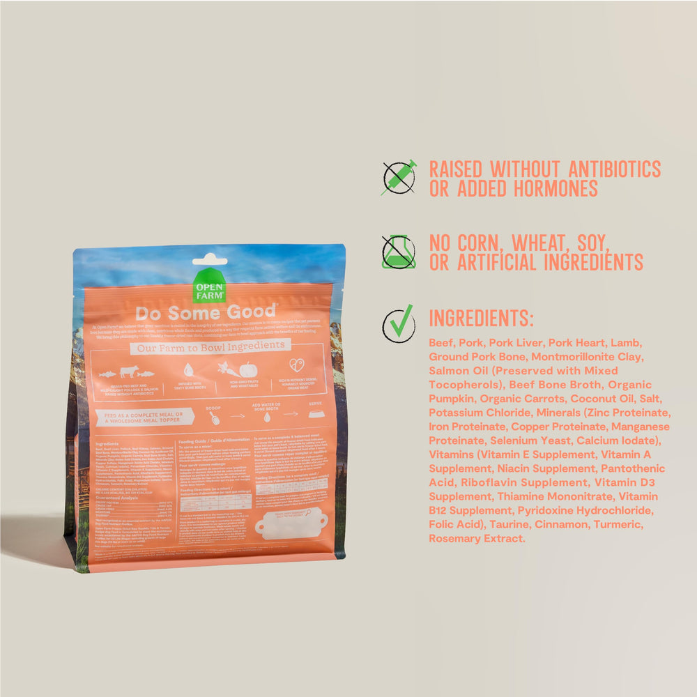 Open Farm RawMix nutrition deconstruction highlights meat organs and bones at a glance