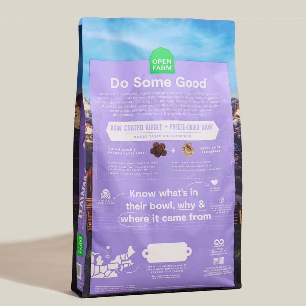 Open Farm RawMix 20lb bag on counter, convenient large-breed option.