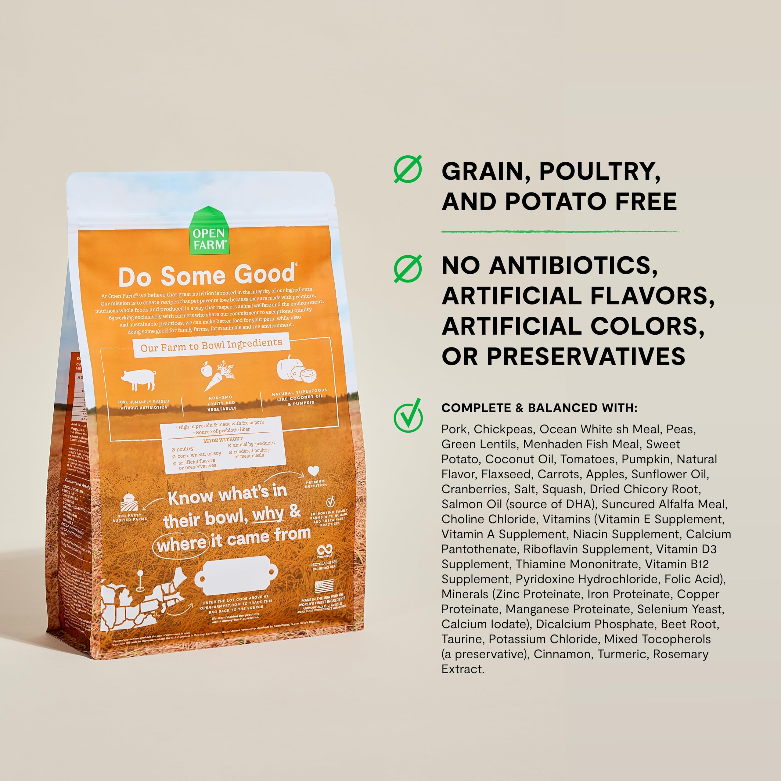 Open Farm real pork kibble close-up highlights meat-forward nutrition.