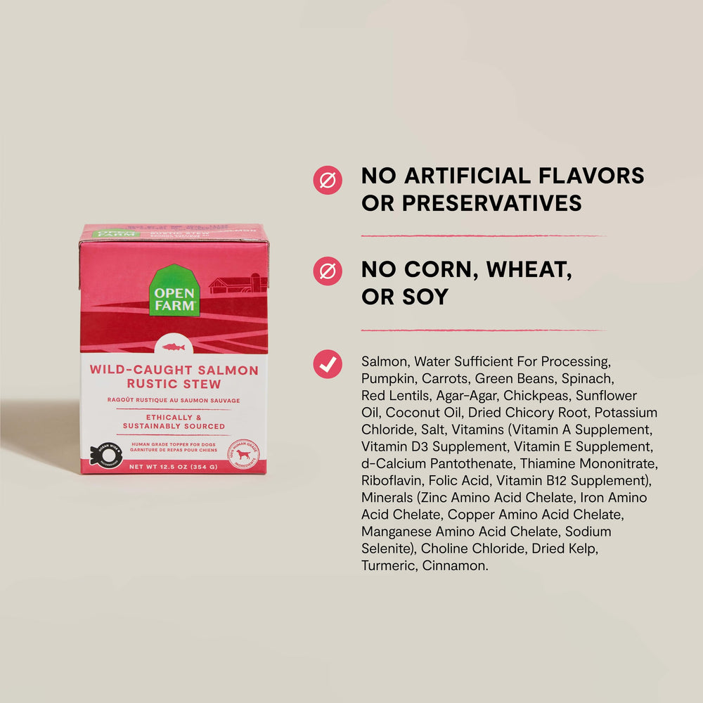 Open Farm Rustic Stews grain-free formula label emphasizing potato-free recipe.