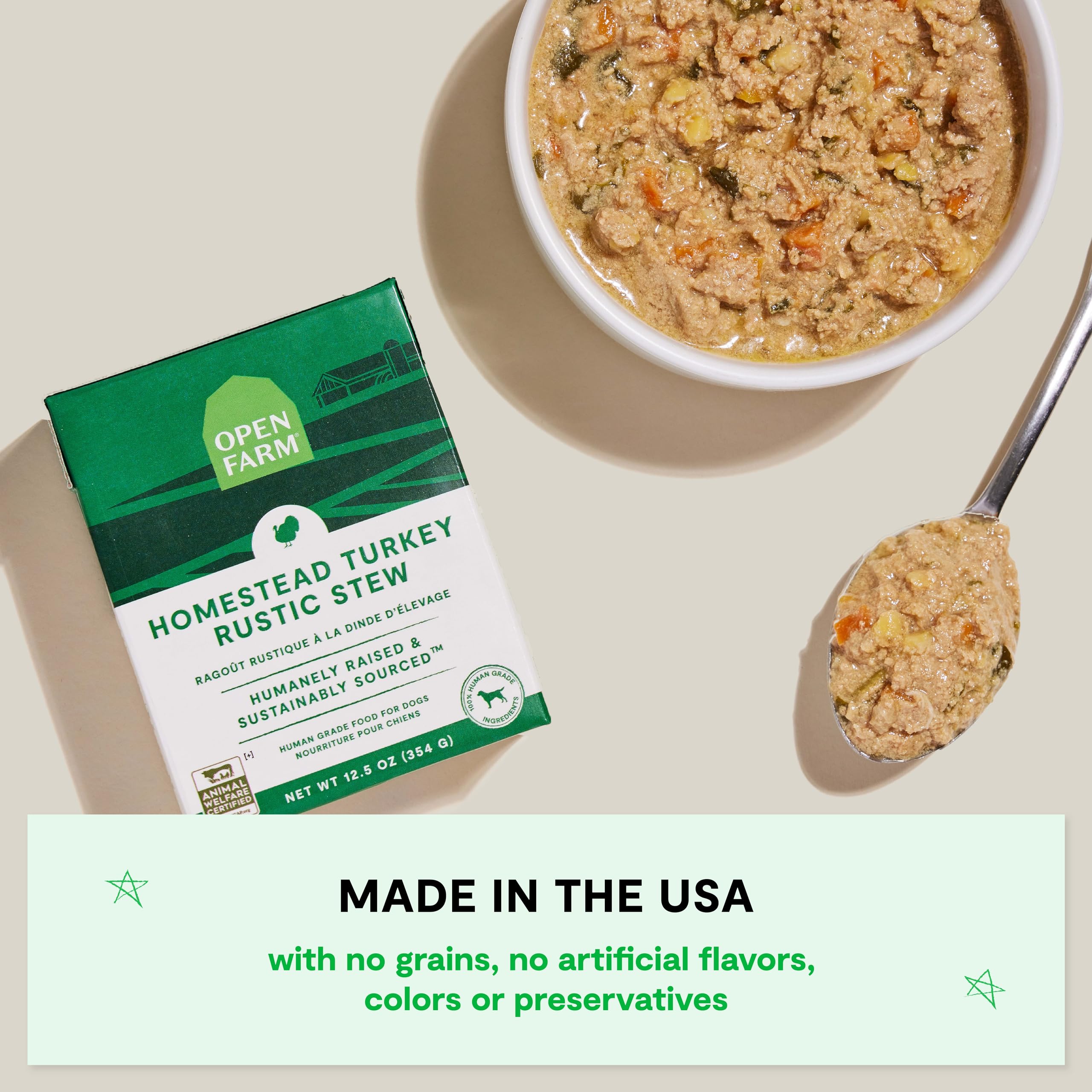 Open Farm Rustic Stews ingredients label emphasizes grain-free and potato-free recipe benefits