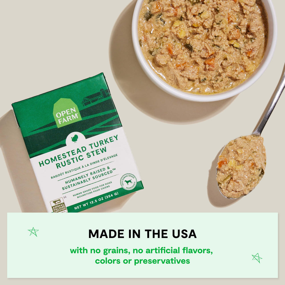 Open Farm Rustic Stews ingredients label emphasizes grain-free and potato-free recipe benefits