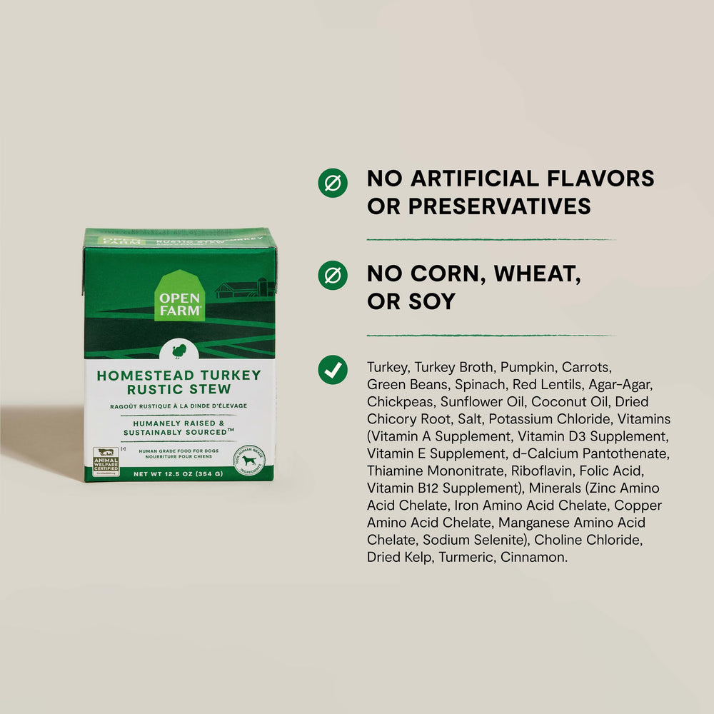 Open Farm Rustic Stews potato-free banner emphasizes high-quality digestible nutrition