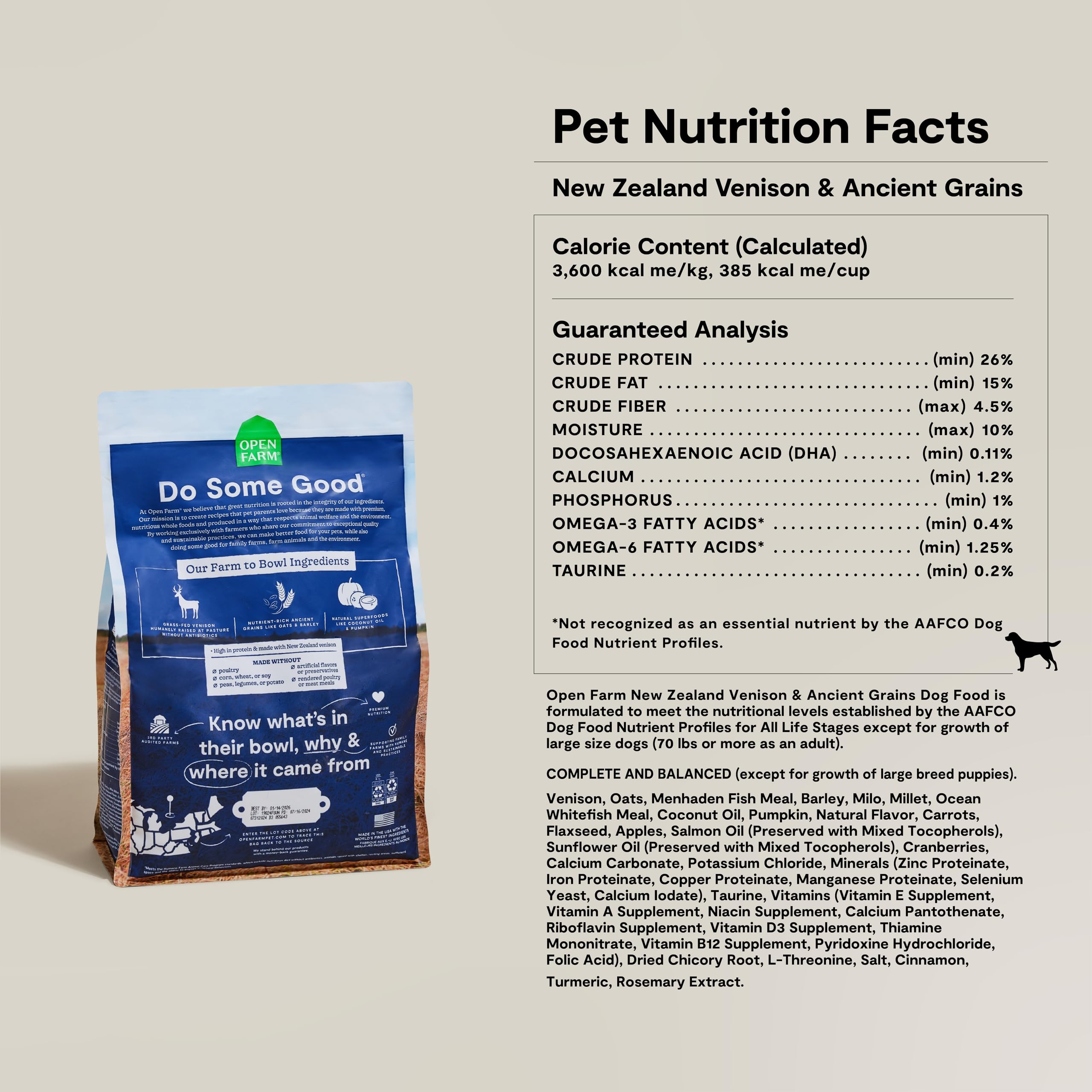 Open Farm sensitive-stomach serving suggestion, gentle ancient grains for comfort.