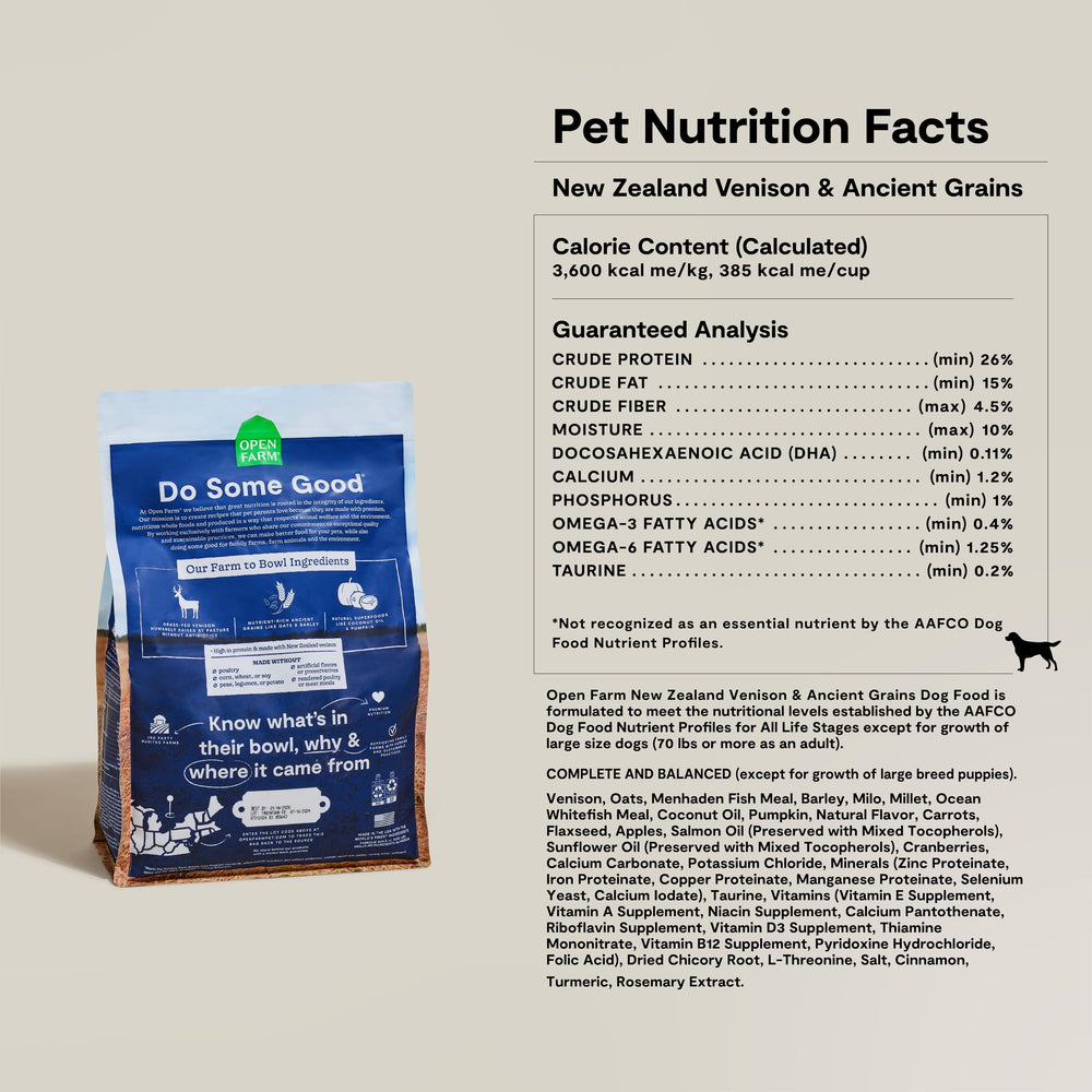 Open Farm sensitive-stomach serving suggestion, gentle ancient grains for comfort.