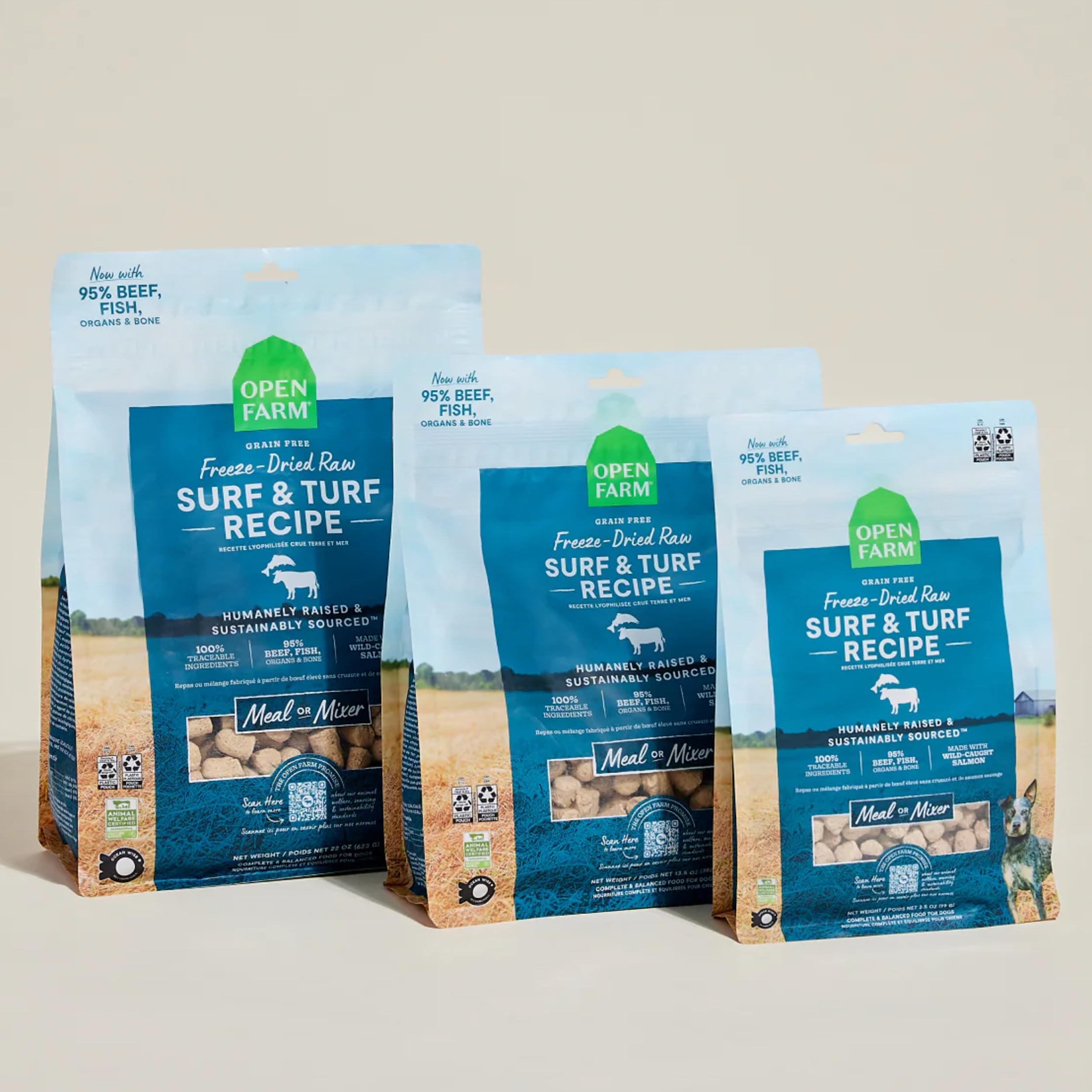 Open Farm serving options show complete meal or tasty topper uses.