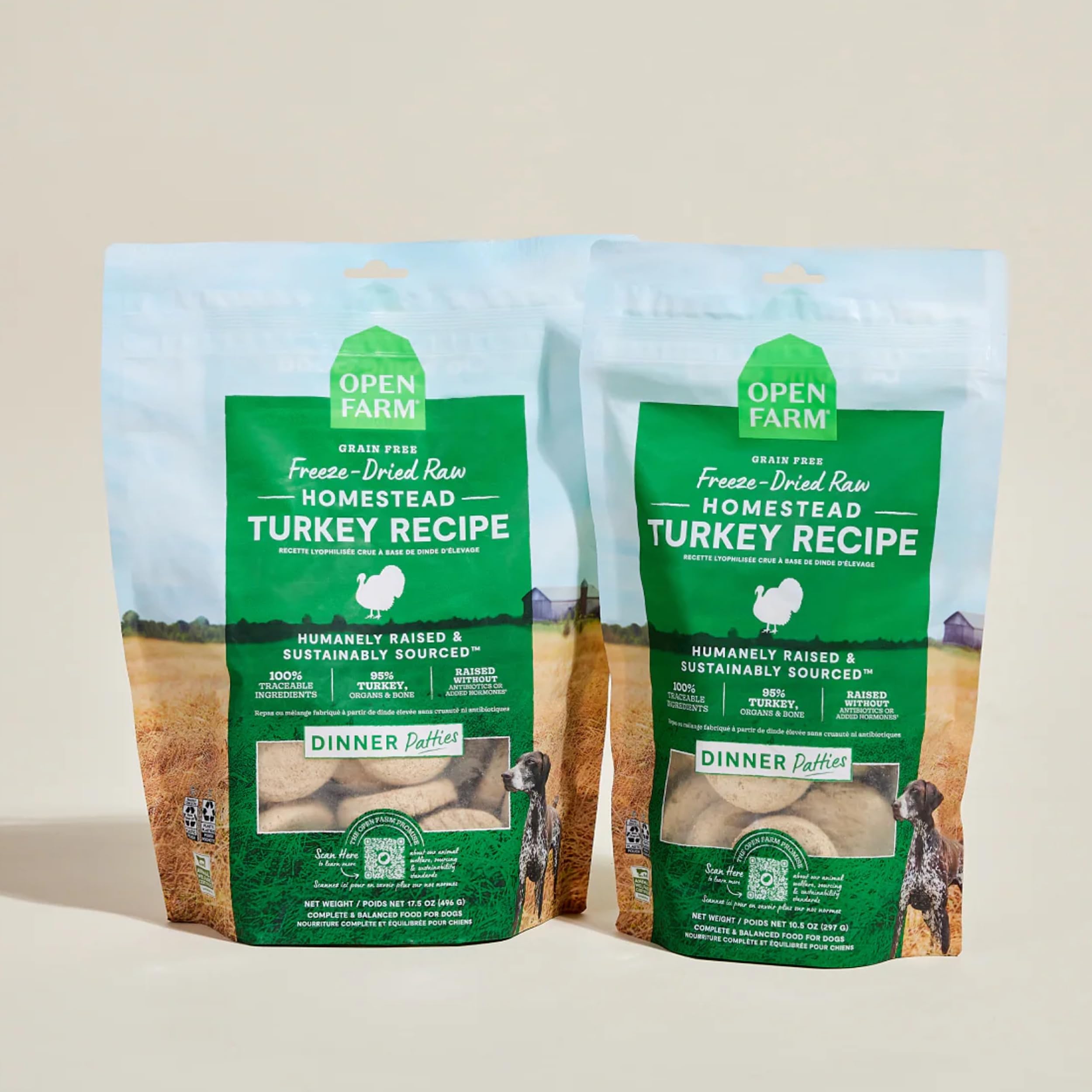 Open Farm turkey patties arranged on a plate suggest quick, complete meals.