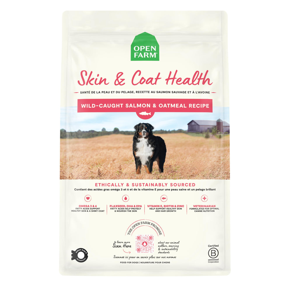 Open Farm Skin & Coat Health dog food bowl with glossy kibble for a healthy coat.