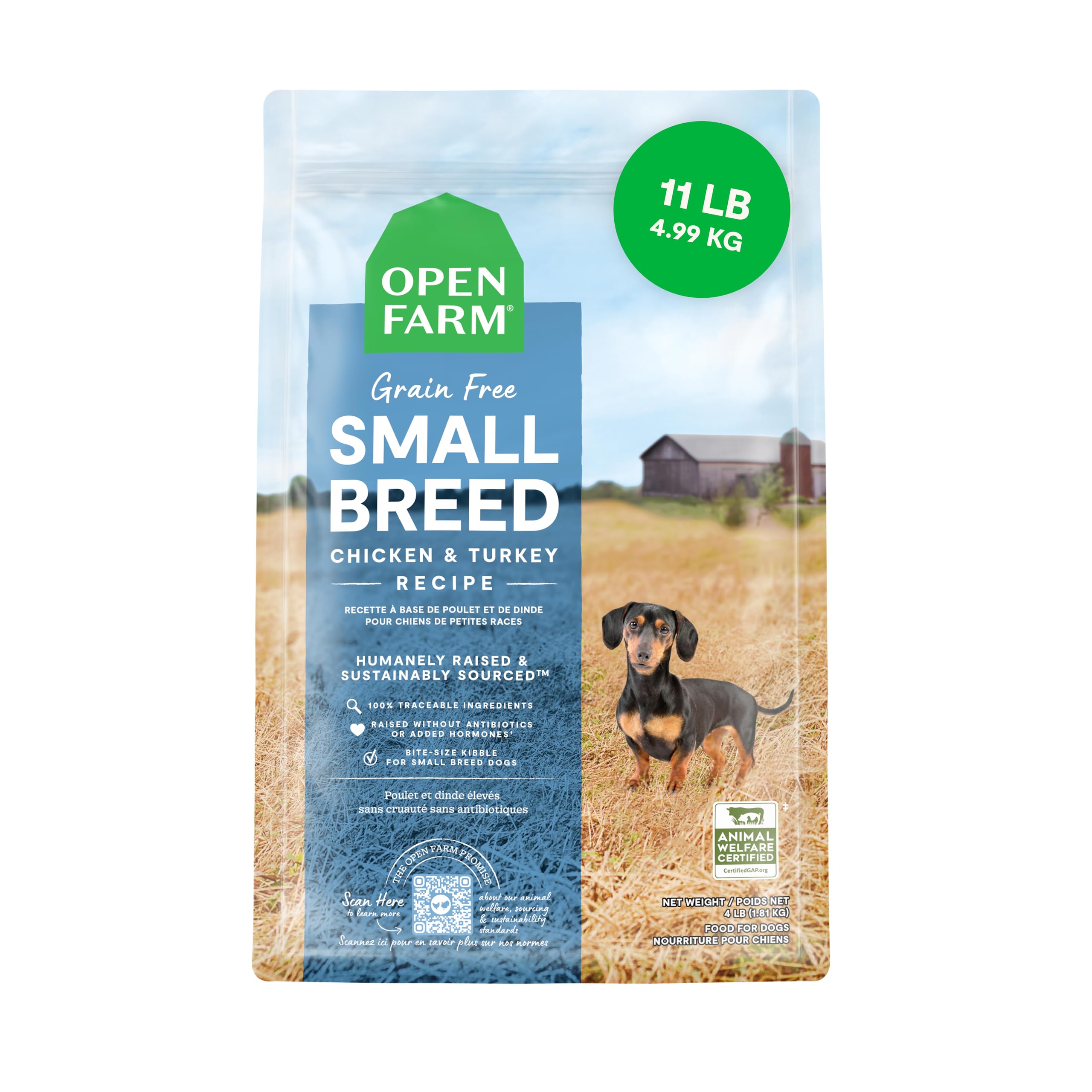 Open Farm small-breed kibble pour — convenient grain-free meal for tiny dogs.