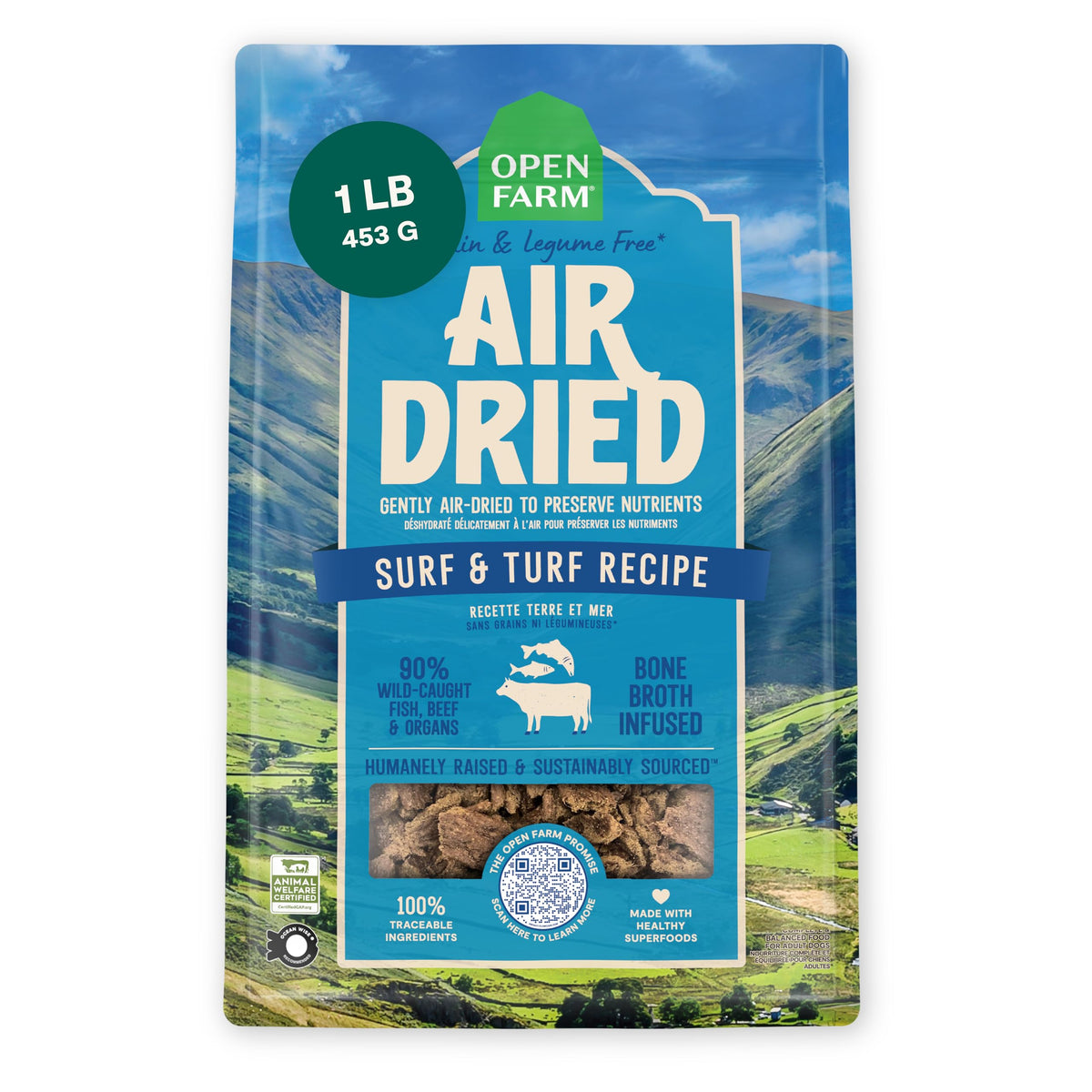 Open Farm Surf & Turf air-dried dog food bag with bone broth infusion for enhanced flavor.