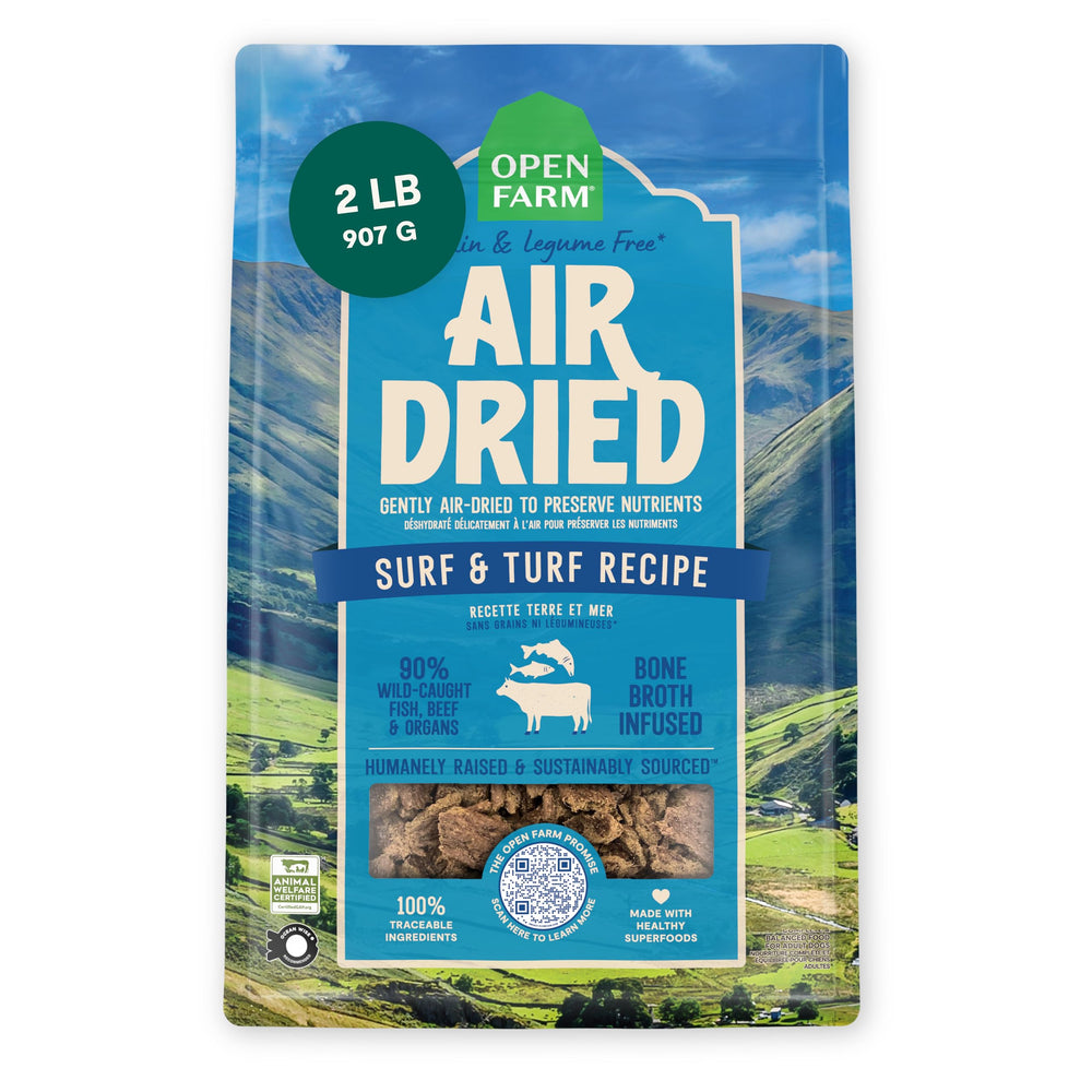 Open Farm Surf & Turf air-dried dog food in bowl, protein-rich meal option.