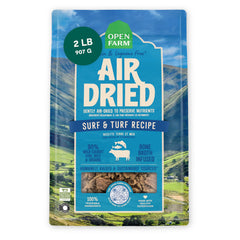 Open Farm Surf & Turf air-dried dog food in bowl, protein-rich meal option.