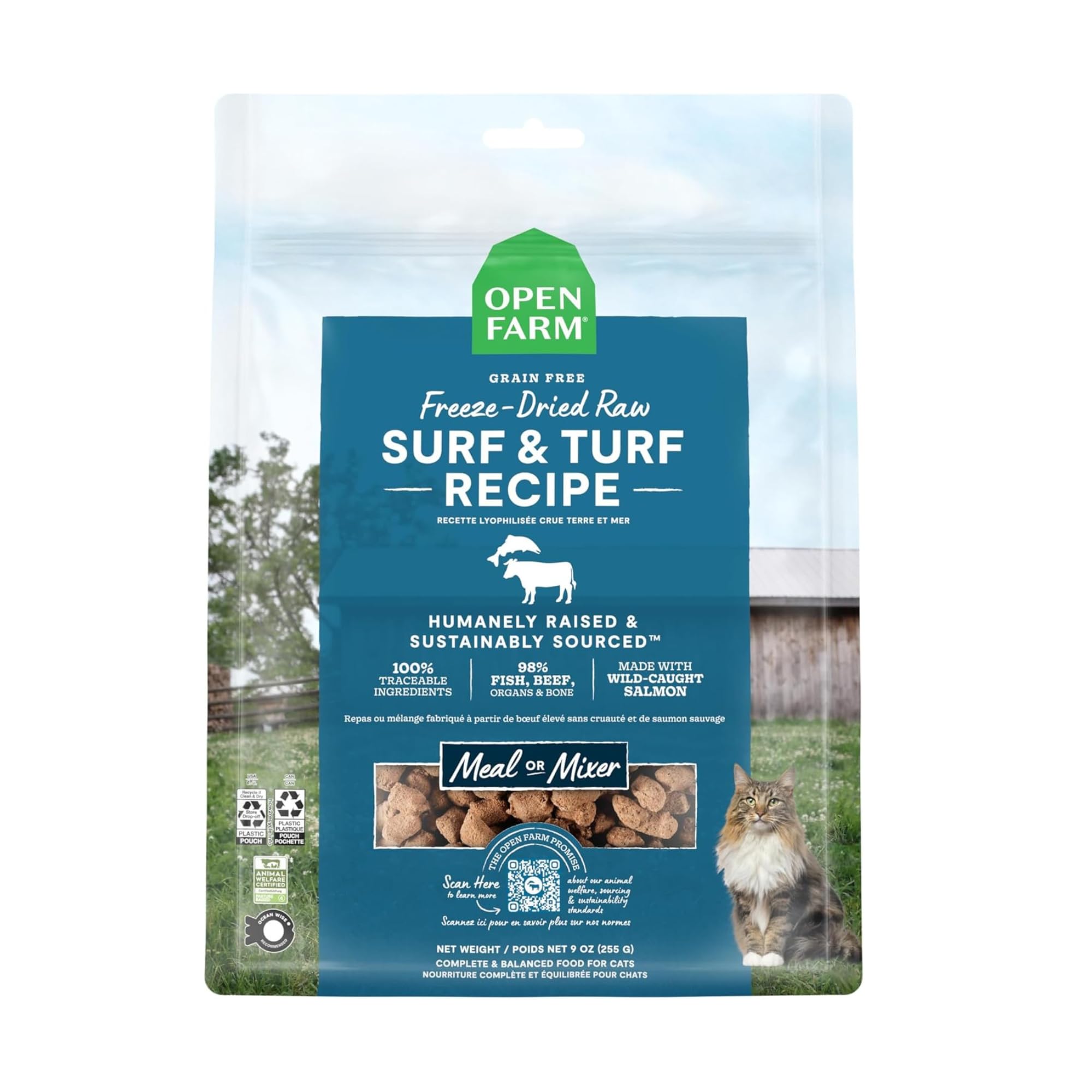 Open Farm Surf & Turf bag-front shows a protein-forward option in a clean, grain-free format.