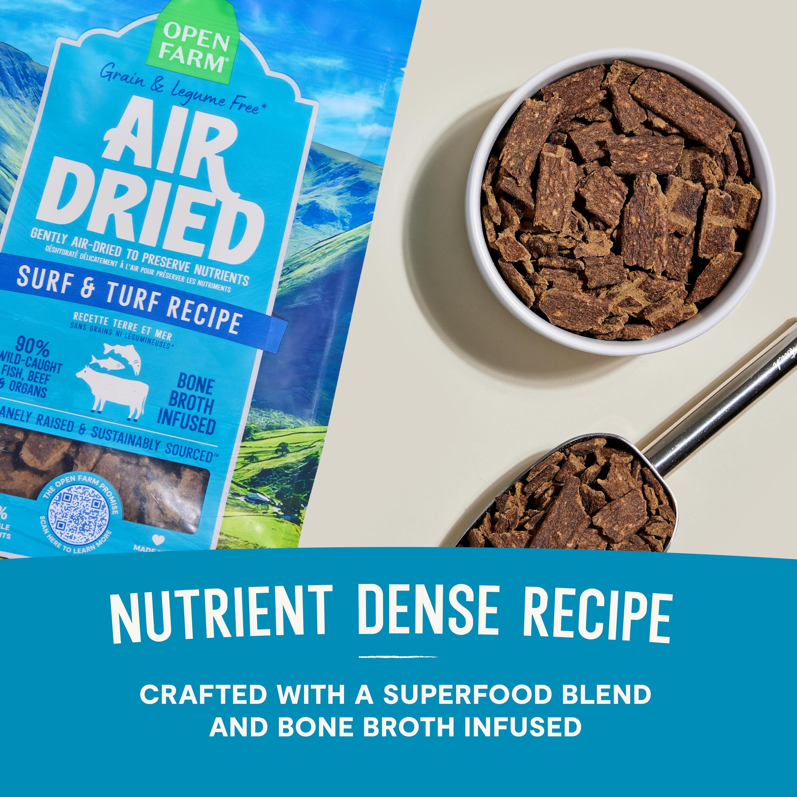 Open Farm Surf & Turf grain-free and legume-free formula highlighted in the image.