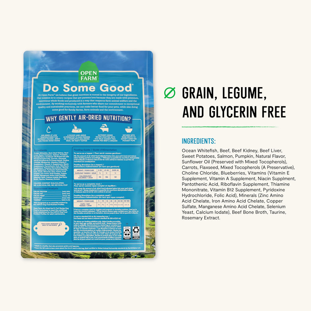 Open Farm Surf & Turf packaging close-up emphasizing responsible sourcing.