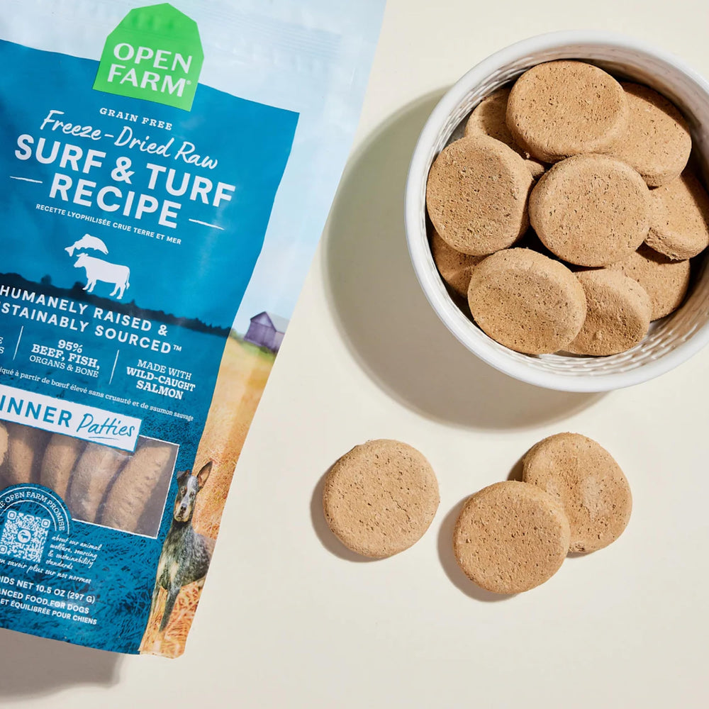 Open Farm Surf & Turf patties close-up highlights high-protein meat content.