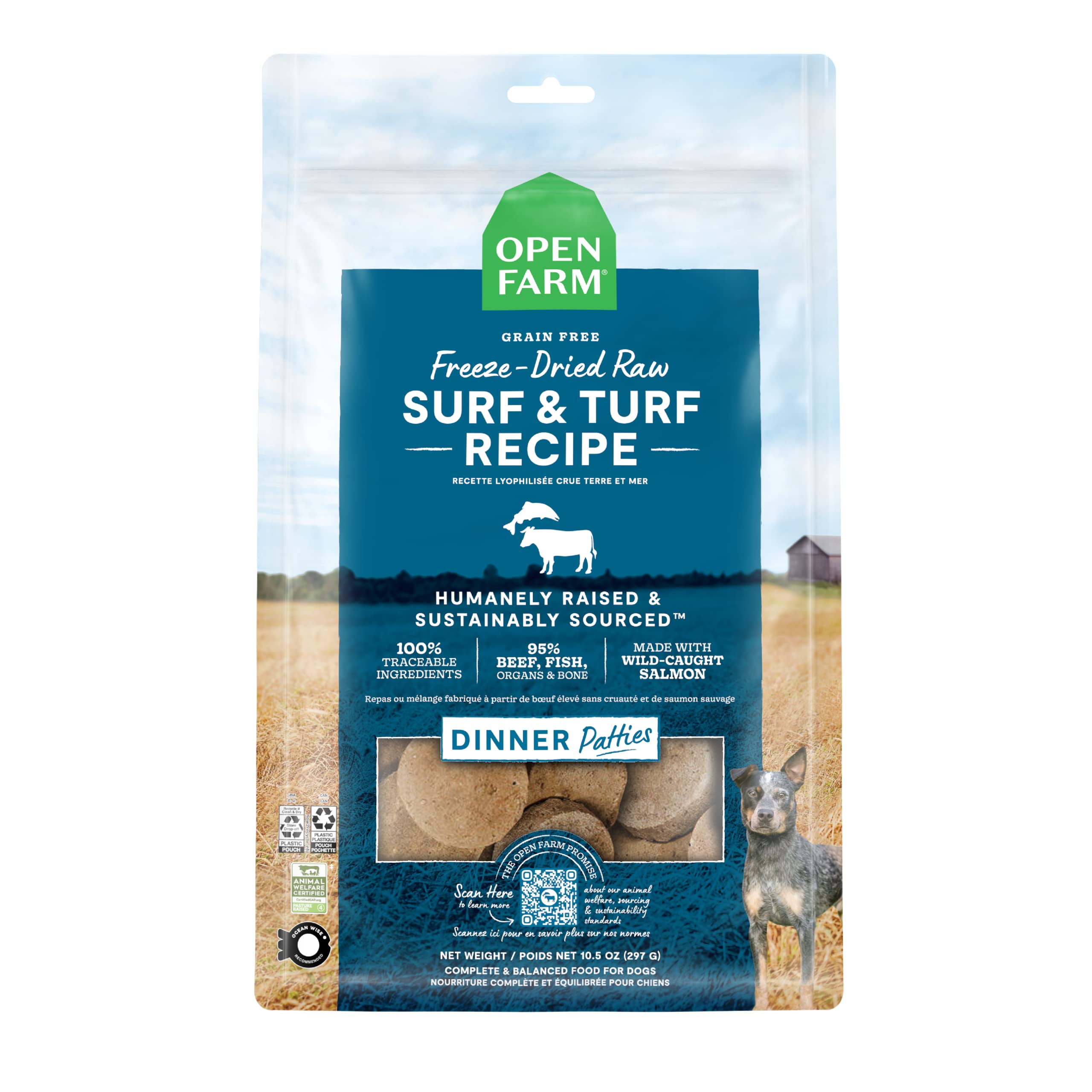Open Farm Surf and Turf Patties front packaging, easy to spot on shelf.