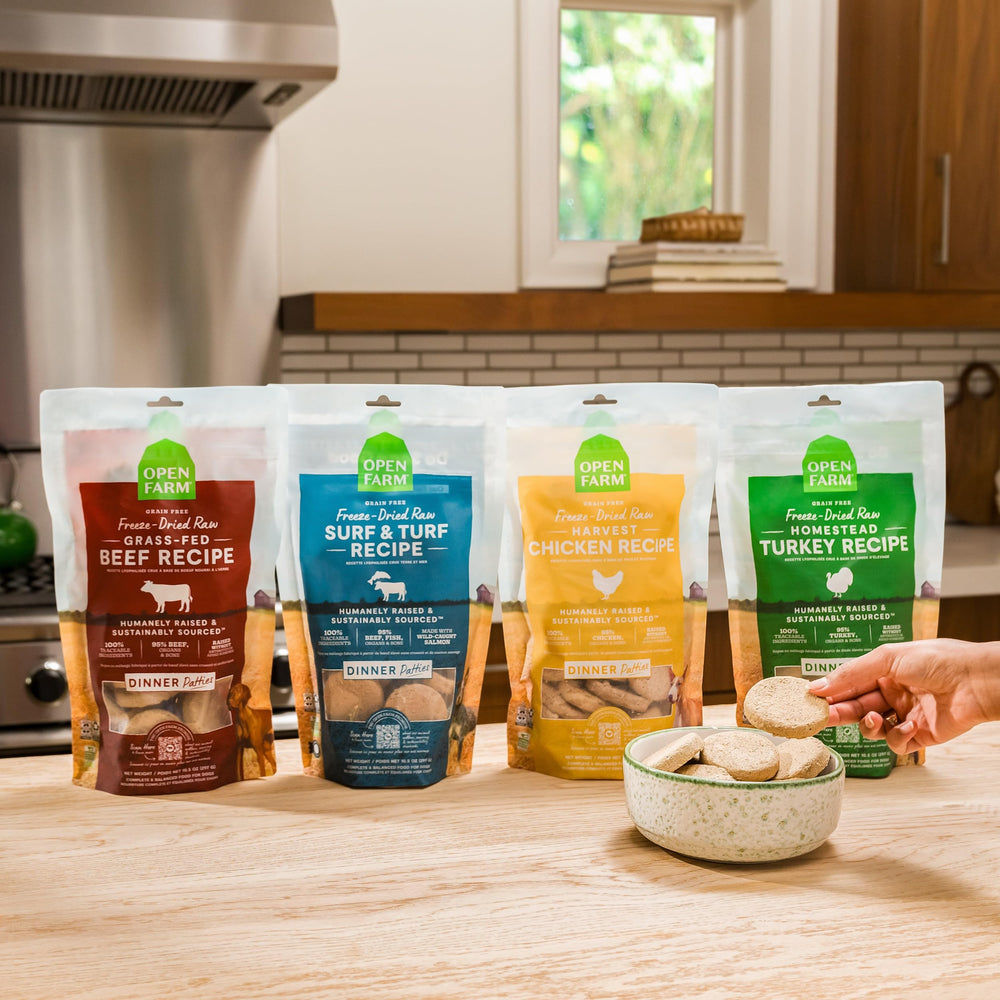 Open Farm Surf & Turf patties with organ-bone detail highlights quality ingredients.