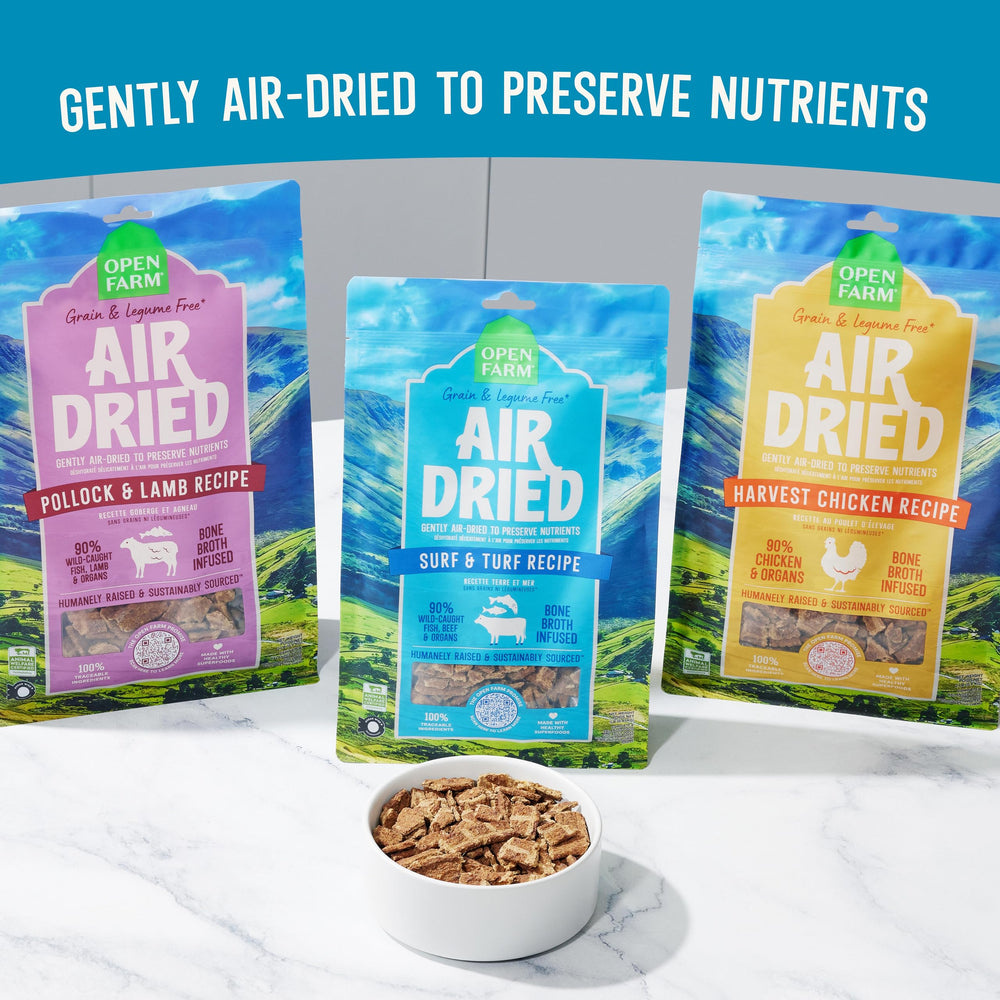 Open Farm Surf & Turf USA-made, 100% traceable ingredients close-up.