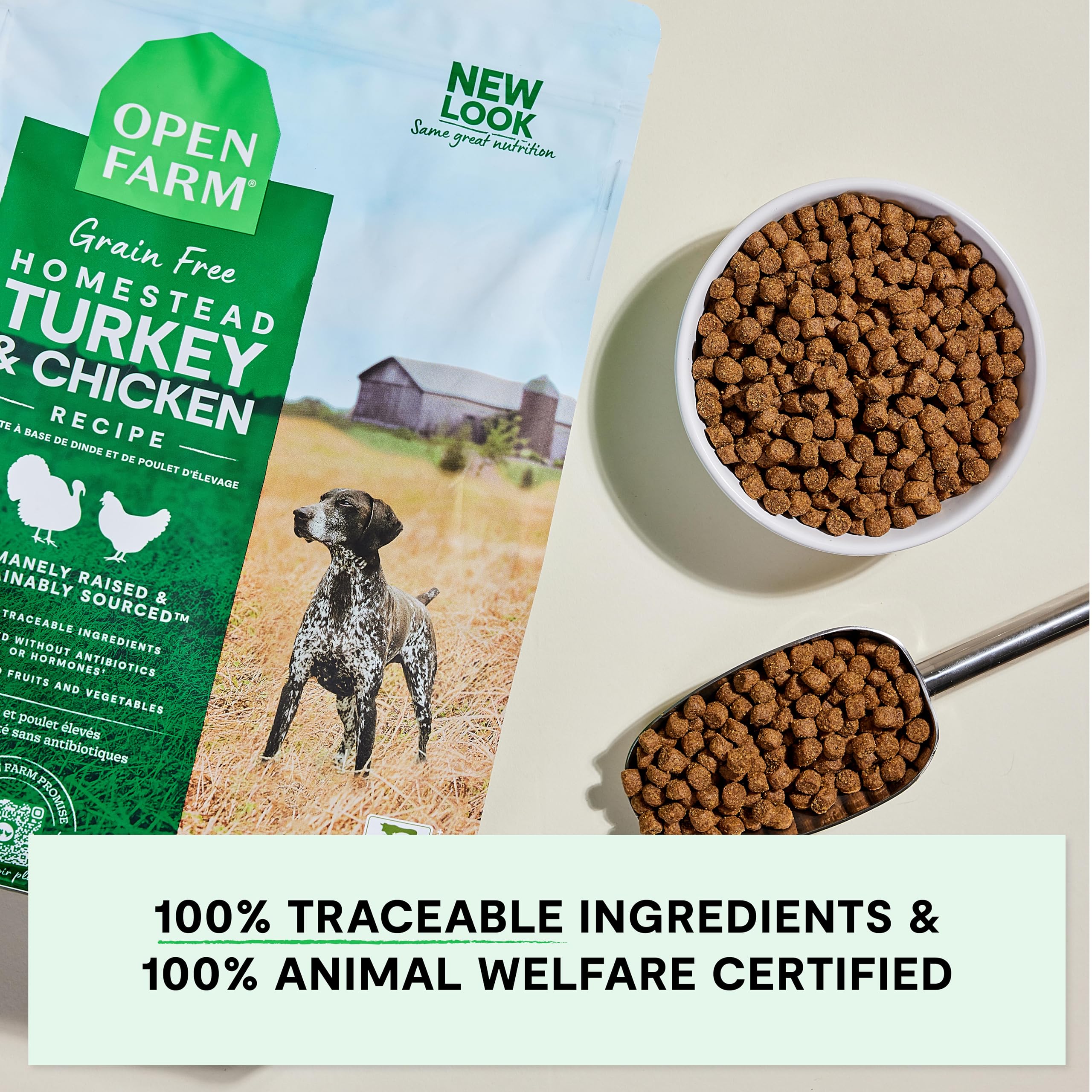 Open Farm 22lb bag emphasizing sustainable, ethically sourced ingredients.
