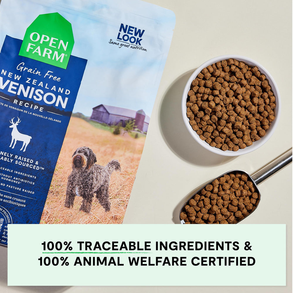 Open Farm traceable ingredients badge emphasizes transparency at mealtime.